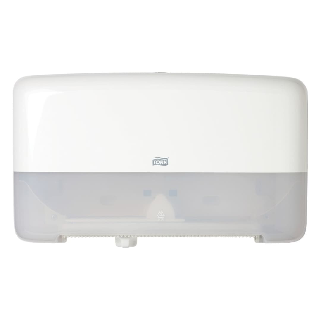 Tork T2 Twin Mini Jumbo Toilet Roll Dispenser - White (Model 555500) | Space-Saving Bathroom Tissue Holder for Home, Office & Commercial Use