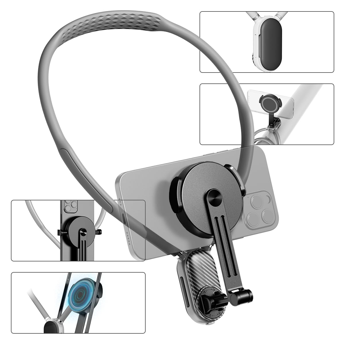 LEESENEVO Magnetic Neck Phone Holder - Adjustable Multi-Directional Rotation Phone Mount for POV/Vlogging, Compatible with iPhone & Android Smartphones (Grey) | Hands-Free Video Recording, Live Streaming & Content Creation Accessory