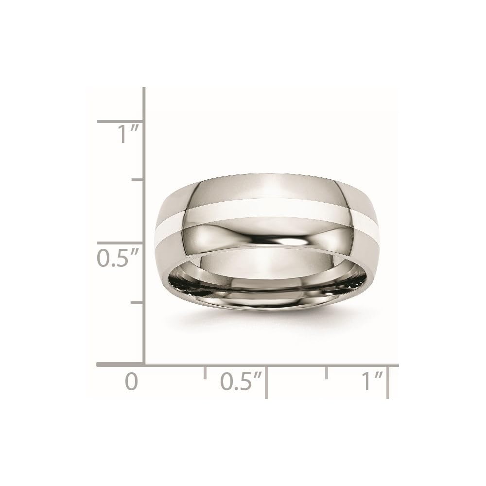 Diamond2Deal 8mm Polished Stainless Steel & Sterling Silver Inlay Band Ring for Men - Perfect for Weddings, Anniversaries, and Everyday Wear