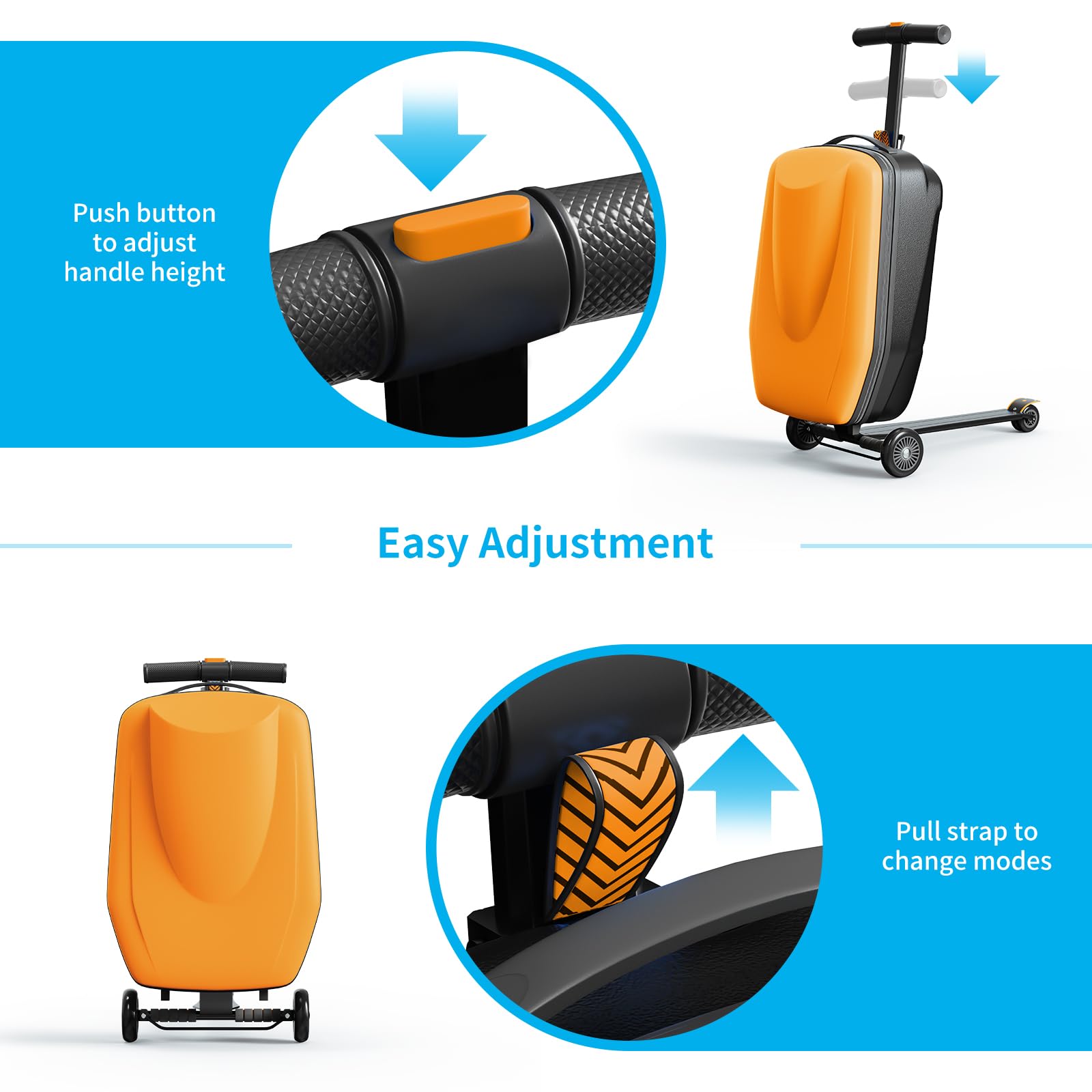 TABU 21 Inch 3D Hardshell Scooter Suitcase for Kids & Adults - Foldable Carry-On Luggage with Telescopic Handle for Ages 4-15 - Lightweight Ride-On Scooter Luggage in Orange - Perfect for Air Travel, School Commute & Family Vacations