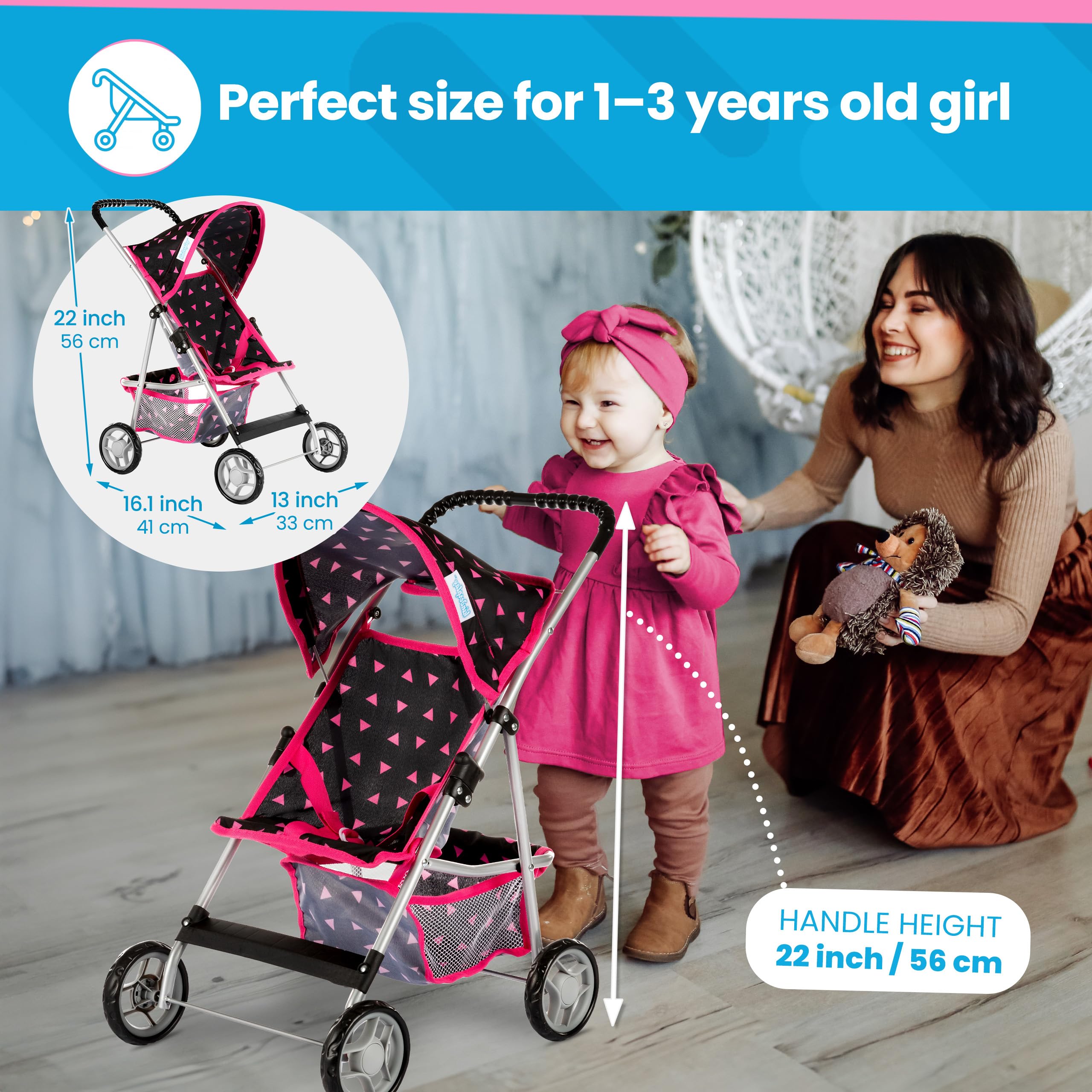 Doll Stroller for Baby Dolls - Adjustable Handle Height 22.05 Inches | Umbrella Style Toy Stroller for Toddlers Age 1-3 | KP0280R Model | Perfect for Pretend Play, Indoor Activities & Role-Playing Games