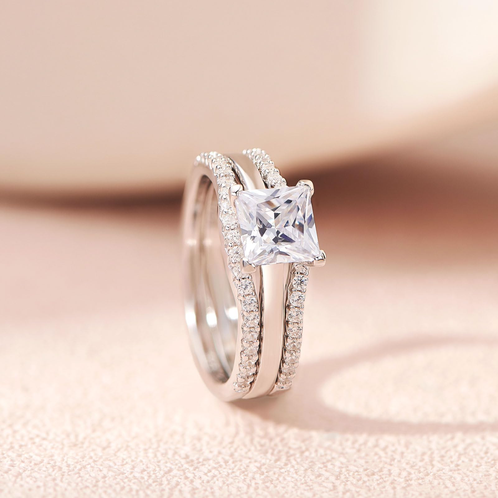 SHELOVES Solitaire Princess CZ Engagement Ring Set with Wedding Band & Ring Enhancer - Sterling Silver Size 5-12 - Perfect for Proposals, Anniversaries & Bridal Jewelry