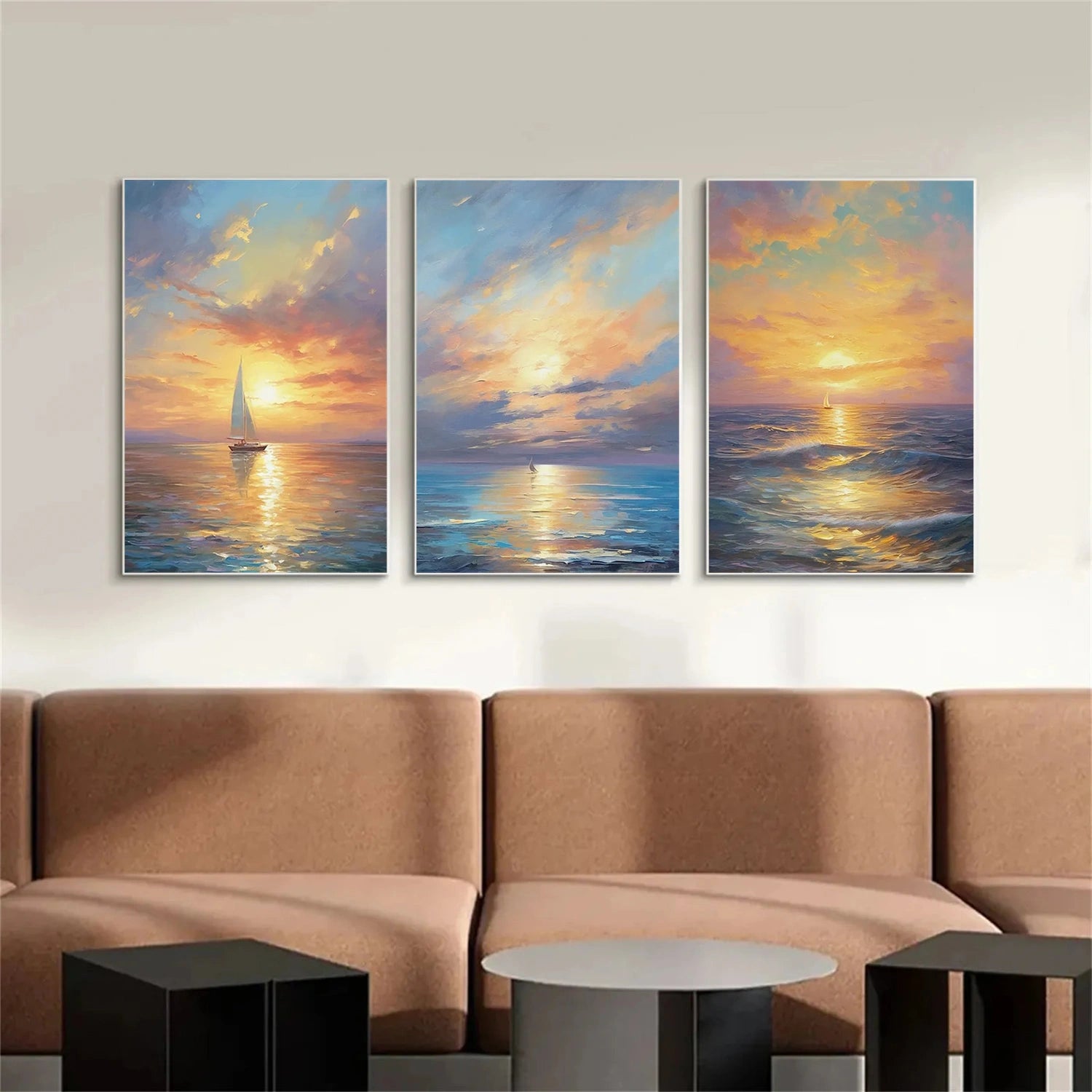Ocean and Sky Painting Set of 3 - Coastal Wall Art Decor for Living Room, Bedroom, Office - Modern Seascape Canvas Prints (OS 215)