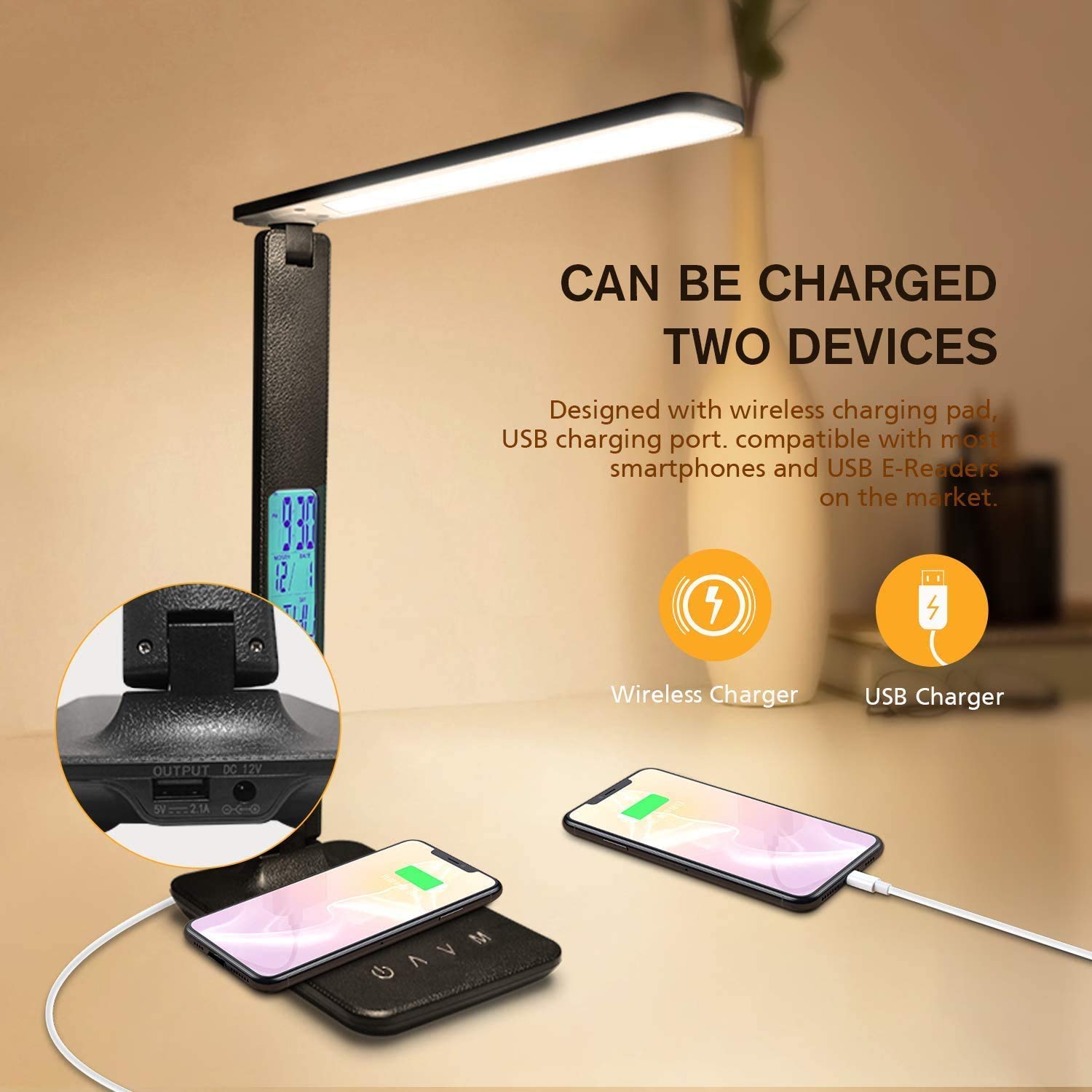 Adjustable LED Desk Lamp with Wireless Charger & USB Port - Foldable Table Lamp with Clock, Alarm, Date Display - 5-Level Dimmable Lighting for Home Office, Study, Reading & Working (Black) | Perfect for Nightstands, Dorm Rooms & Workspaces