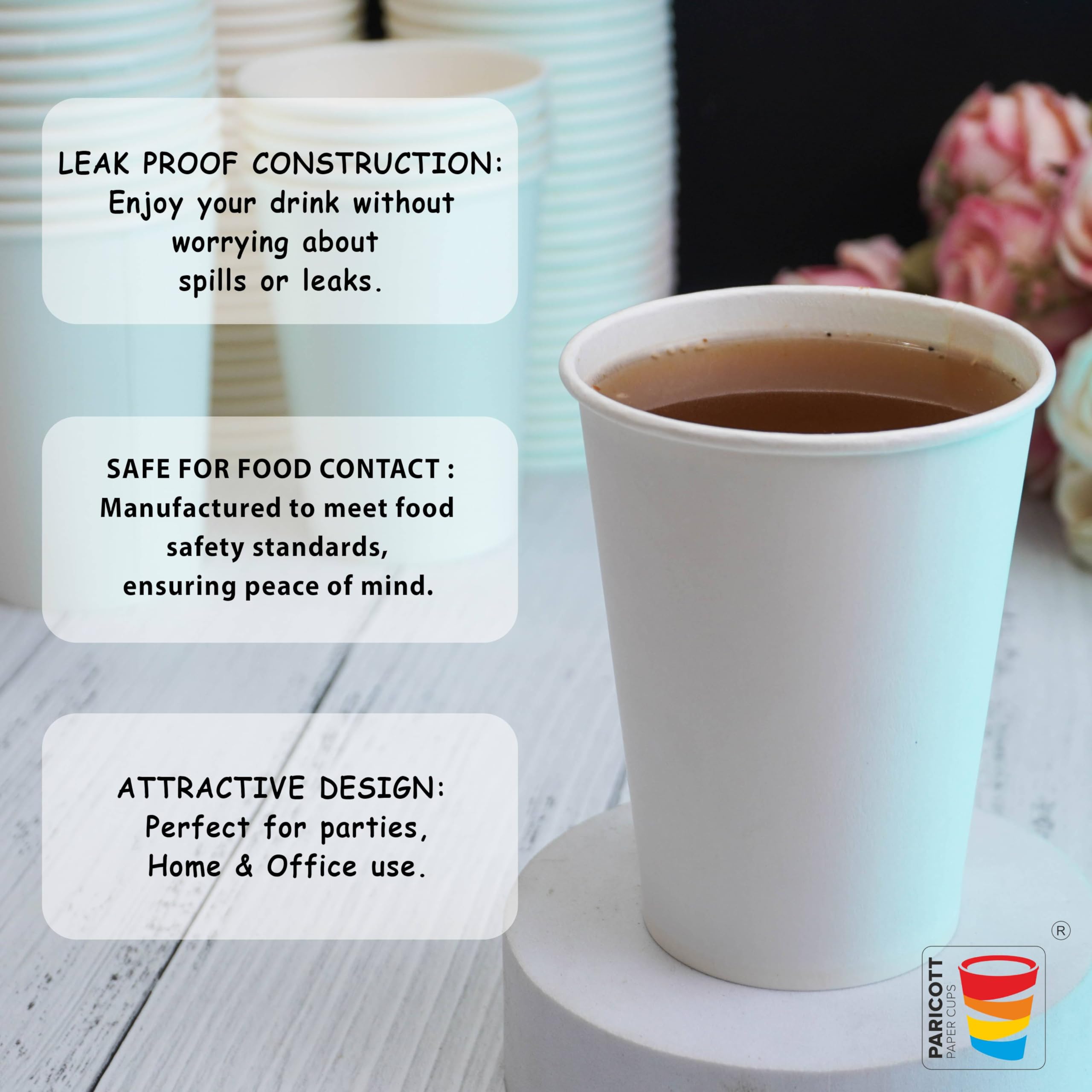 PARICOTT 250ml Disposable Plain Glass Drinking Cups - 100pcs Bulk for Cocktail, Wine, Tea, Coffee, Juice & Water | Eco-Friendly Party Cups for Weddings, BBQs, Picnics & Office Events | Unprinted Paper Cups Without Lid