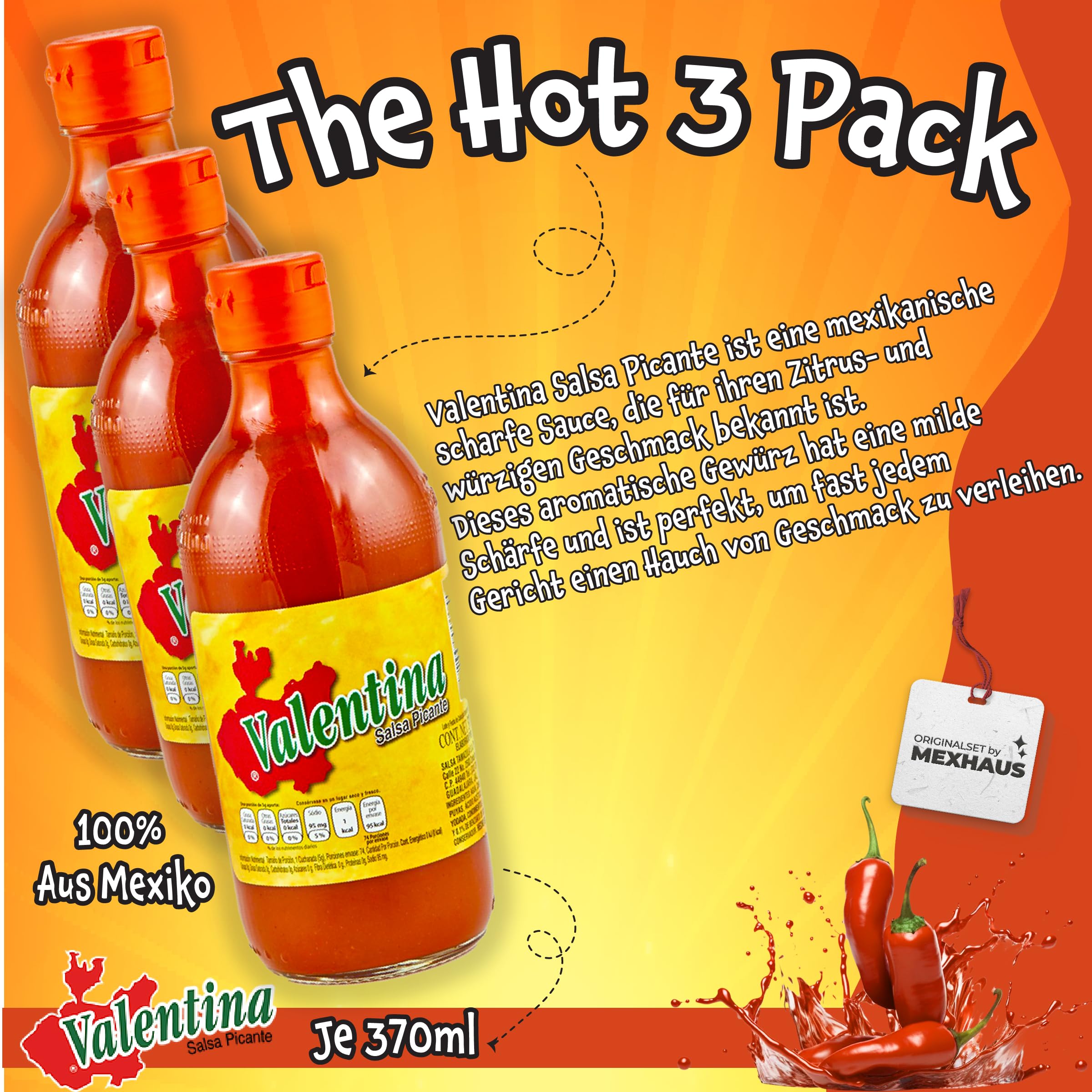 Valentina Hot Sauce - Extra Hot Chili Sauce (Pack of 3, 370ml Each) - Authentic Mexican Salsa Picante for Tacos, Nachos & Grilled Meats