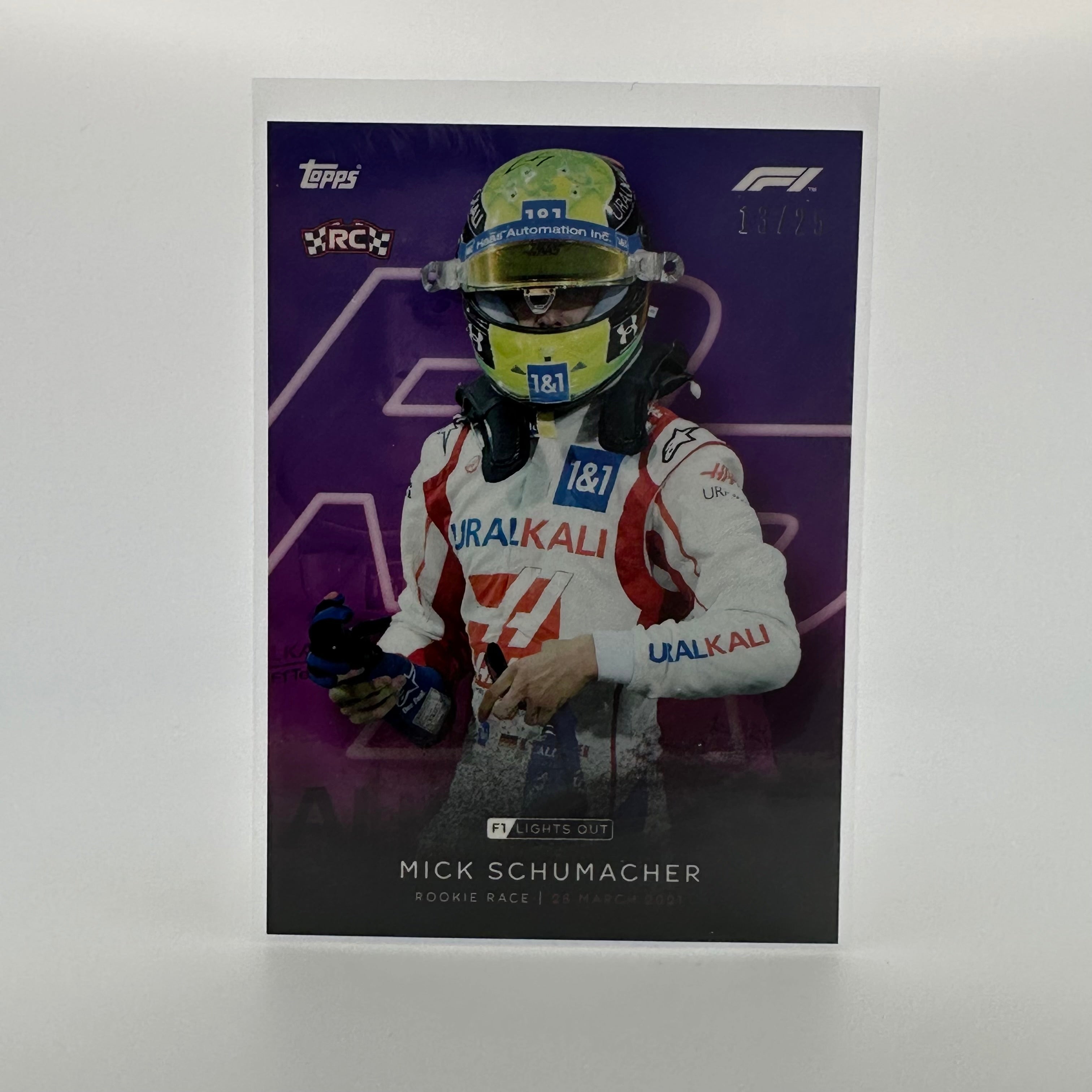 Mick Schumacher 13/25 Rookie Race Purple Parallel Card - Collectible Racing Memorabilia for Fans & Enthusiasts - Perfect for Display, Trading, and Gifting