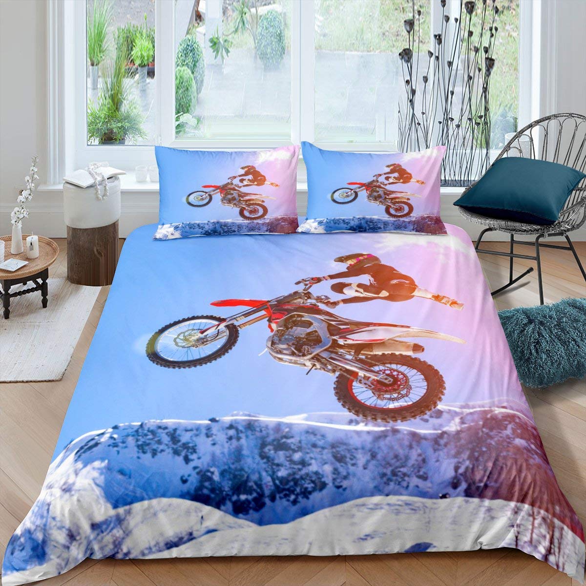 Erosebridal Dirt Bike Bedding Set - Mountain Motocross Print Duvet Cover for Boys & Men - Extreme Sports Motorcycle Comforter Cover - Twin Size 2-Piece Set - Perfect for Motorbike Enthusiasts' Bedrooms & Dorm Rooms