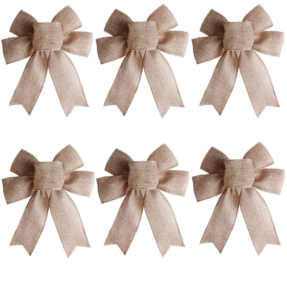 6Pcs Burlap Christmas Bows - Natural Xmas Wreath Decor for Holiday Parties