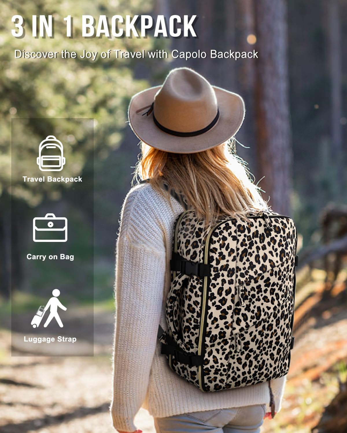 Capolo Waterproof Travel Backpack for Women & Men - Flight Approved Carry On Backpack with Laptop Compartment (Fits 15.6 Inch Laptop) - Durable Leopard Print College Bookbag for Business, Work & Weekend Trips - Perfect for Commuting, Air Travel & Daily Office Use