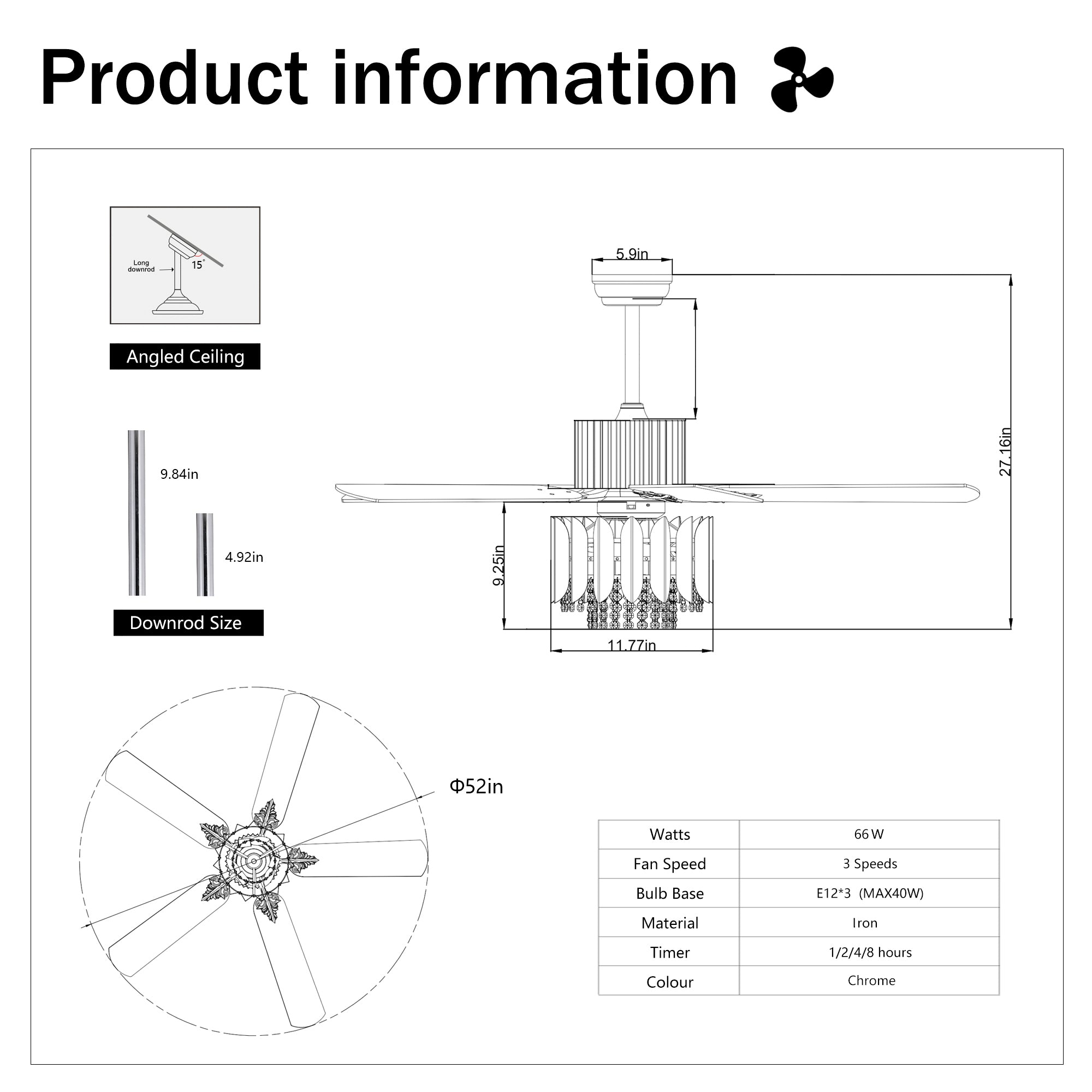 Crystal Ceiling Fan with Reversible Blades, 3 Wind Speeds & Remote Control - Perfect for Bedroom, Living Room & Dining Room (Chrome Finish) | Modern Cooling Solution for Home Comfort