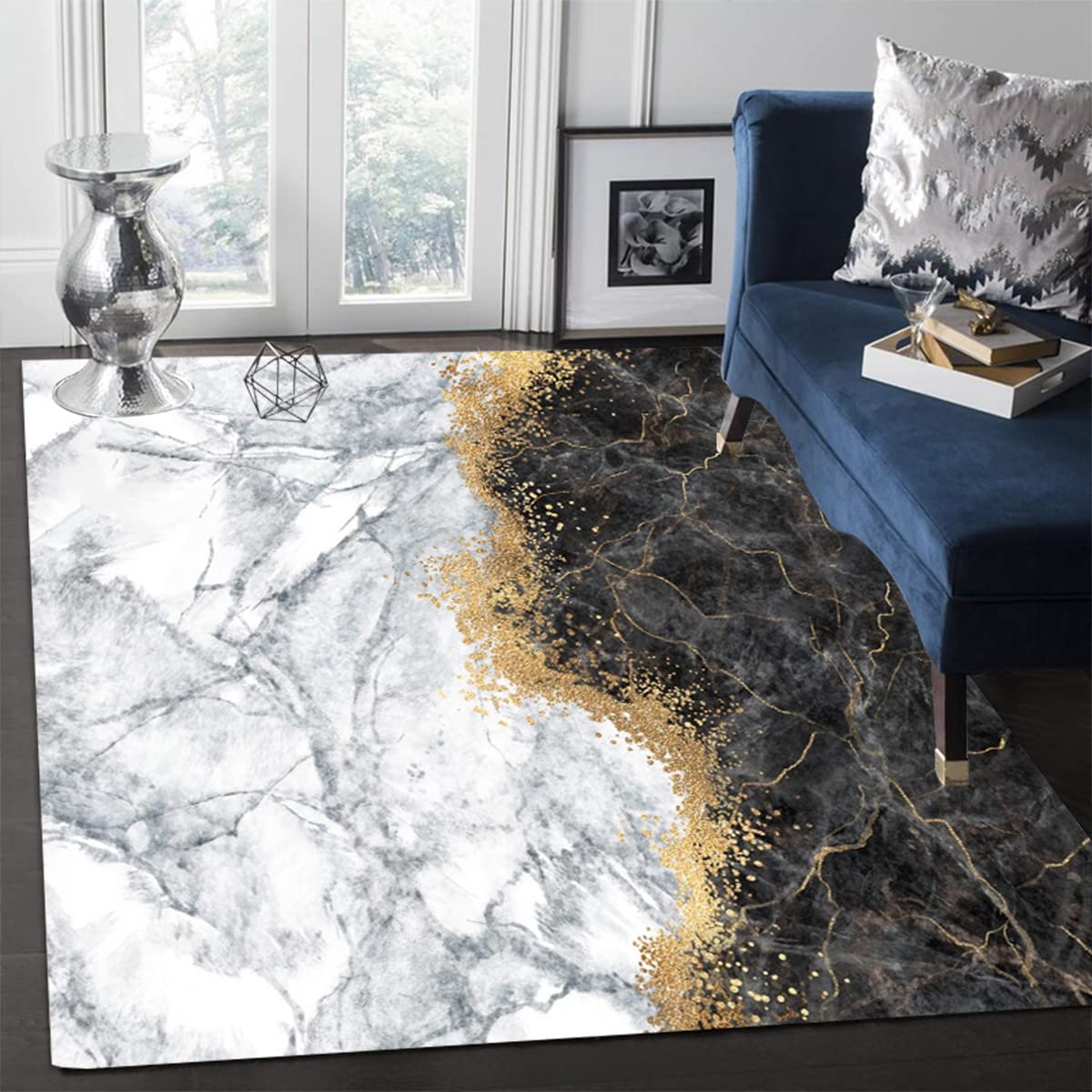 Modern Abstract Area Rug 6x9 Feet - Marble Pattern in Black, Grey & Gold - Soft Living Room, Bedroom & Dining Room Rug - Retro Accent Carpet for Home Office, Kitchen & Laundry Room - Art Deco Floor Mat for Cozy Spaces