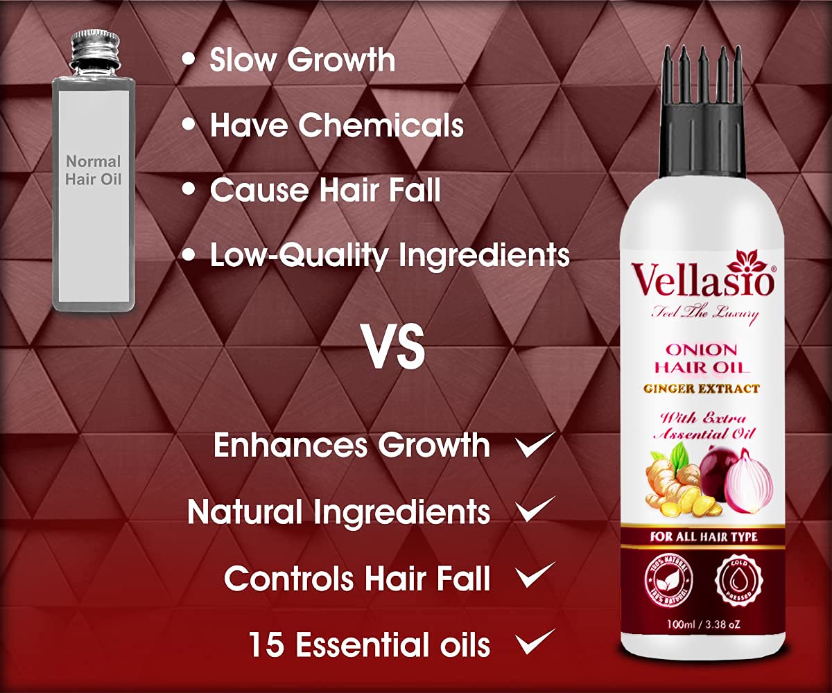 Vellasio Essence Onion Ginger Hair Oil for Hair Growth & Fall Control - Enriched with Multivitamins | Natural Hair Care Solution for Thinning Hair, Dry Scalp & Split Ends | Perfect for Daily Nourishment & Styling