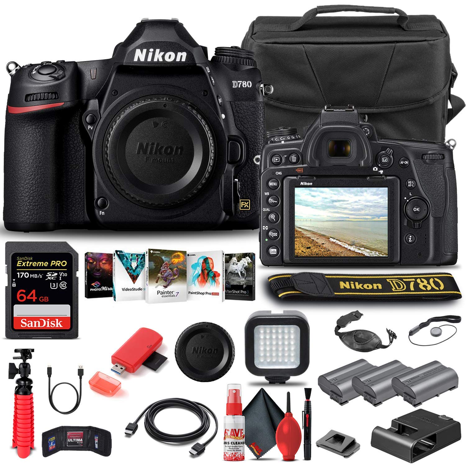 Nikon D780 DSLR Camera Body Only - International Model (Renewed) with 64GB Memory Card, Case, Corel Photo Software, 2x EN-EL15 Batteries, LED Light, HDMI Cable, Cleaning Kit & Tripod - Perfect for Professional Photography, Travel & Vlogging