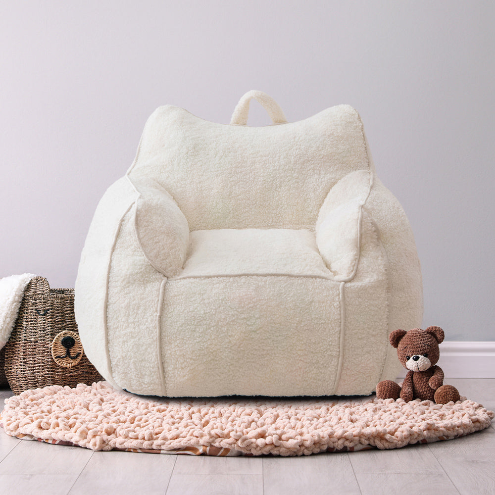 MAXYOYO Kids Sherpa Bean Bag Chair & Couch - Soft Plush Children's Room Furniture with Decorative Edges (White) - Perfect for Reading Nooks, Playrooms & Bedroom Relaxation
