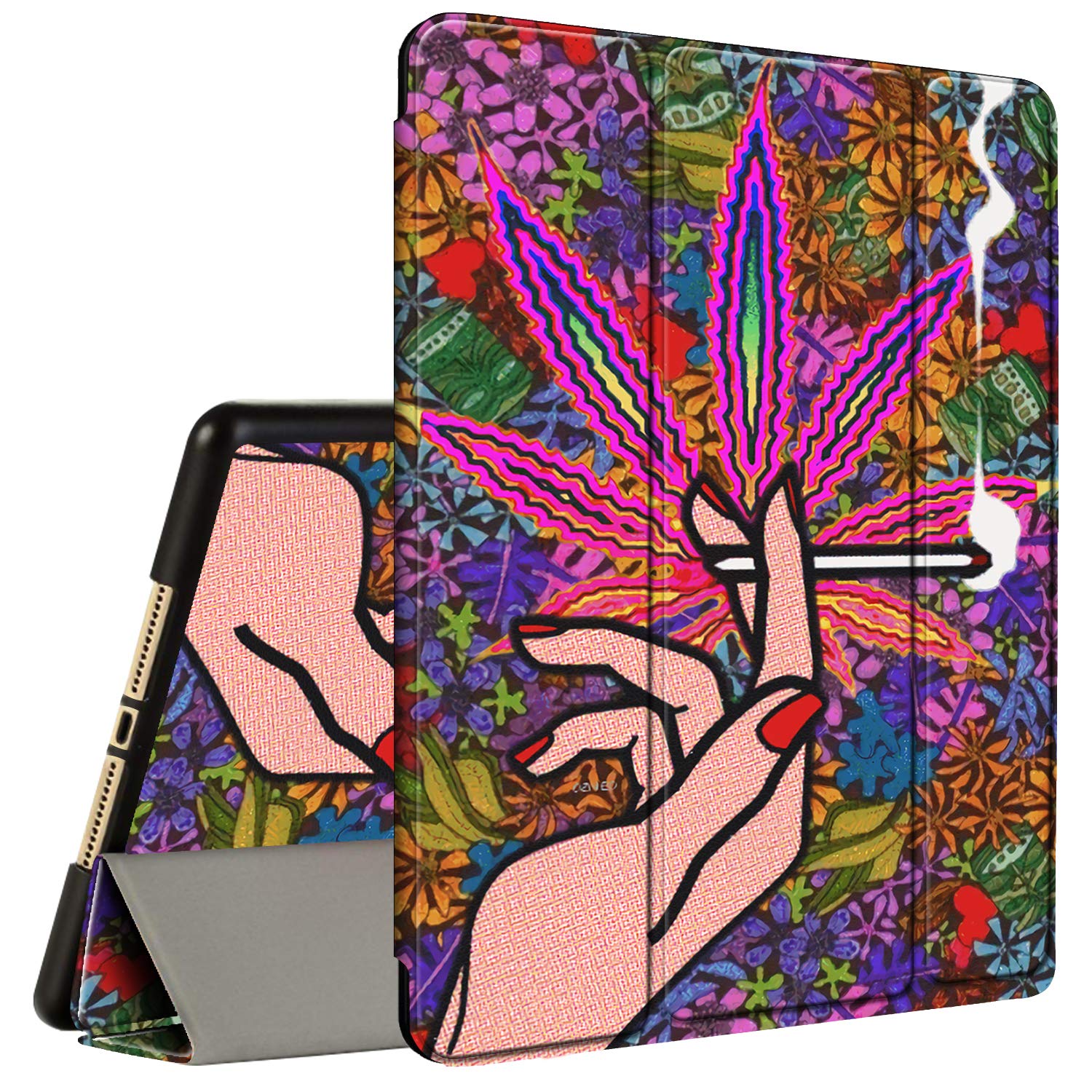 Amook Tri-Fold Smart Cover Case for iPad 9.7 (2018/2017, 6th/5th Gen) & iPad Air/Air 2 - Shockproof TPU with Pencil Holder & Stand - Abstract Art Design - Perfect for Work, School & Travel