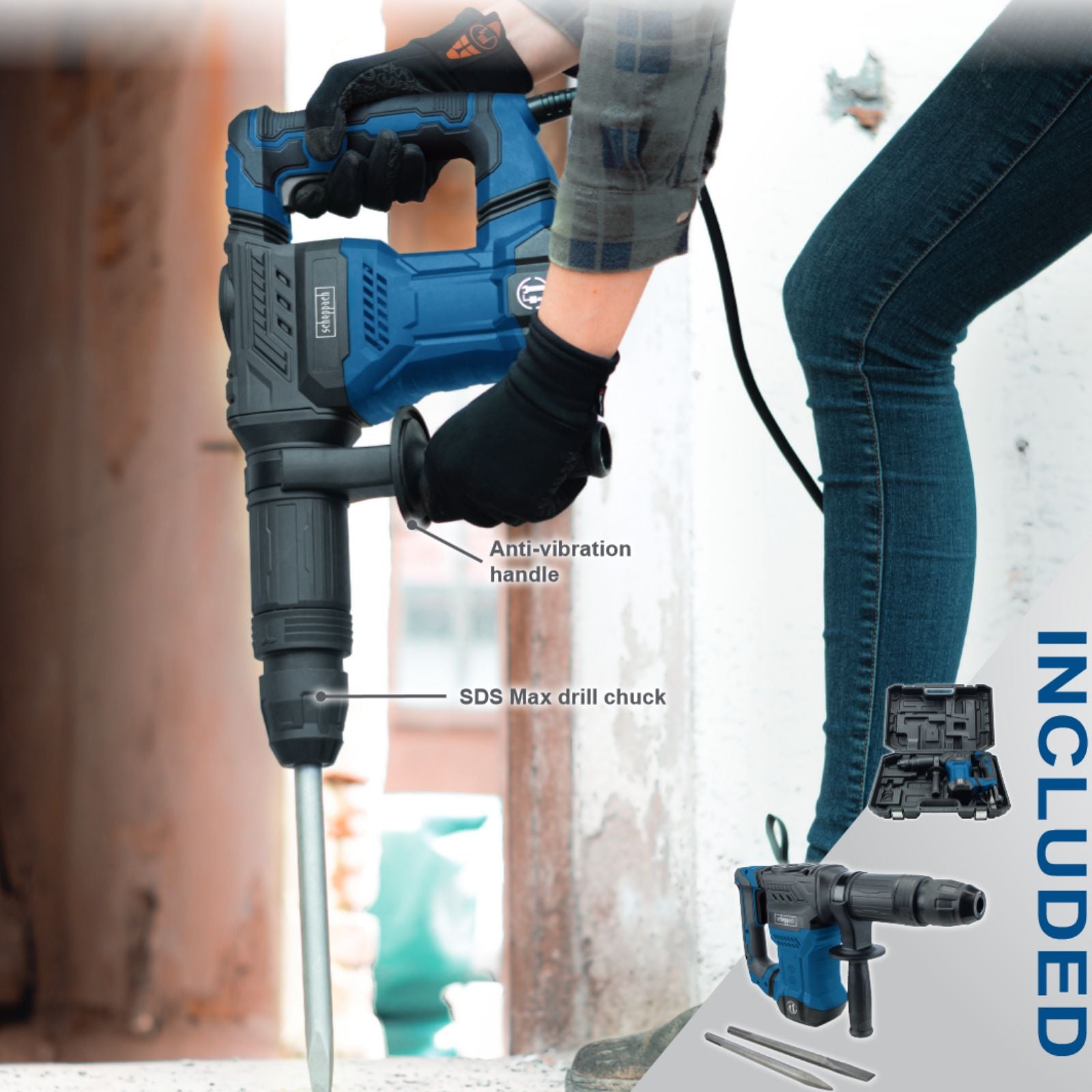 Scheppach AB1500X Heavy Duty Demolition Hammer - Powerful Concrete Breaker & Chisel Tool for Construction, Renovation & DIY Projects - Perfect for Demolishing Walls, Breaking Concrete & Removing Tiles