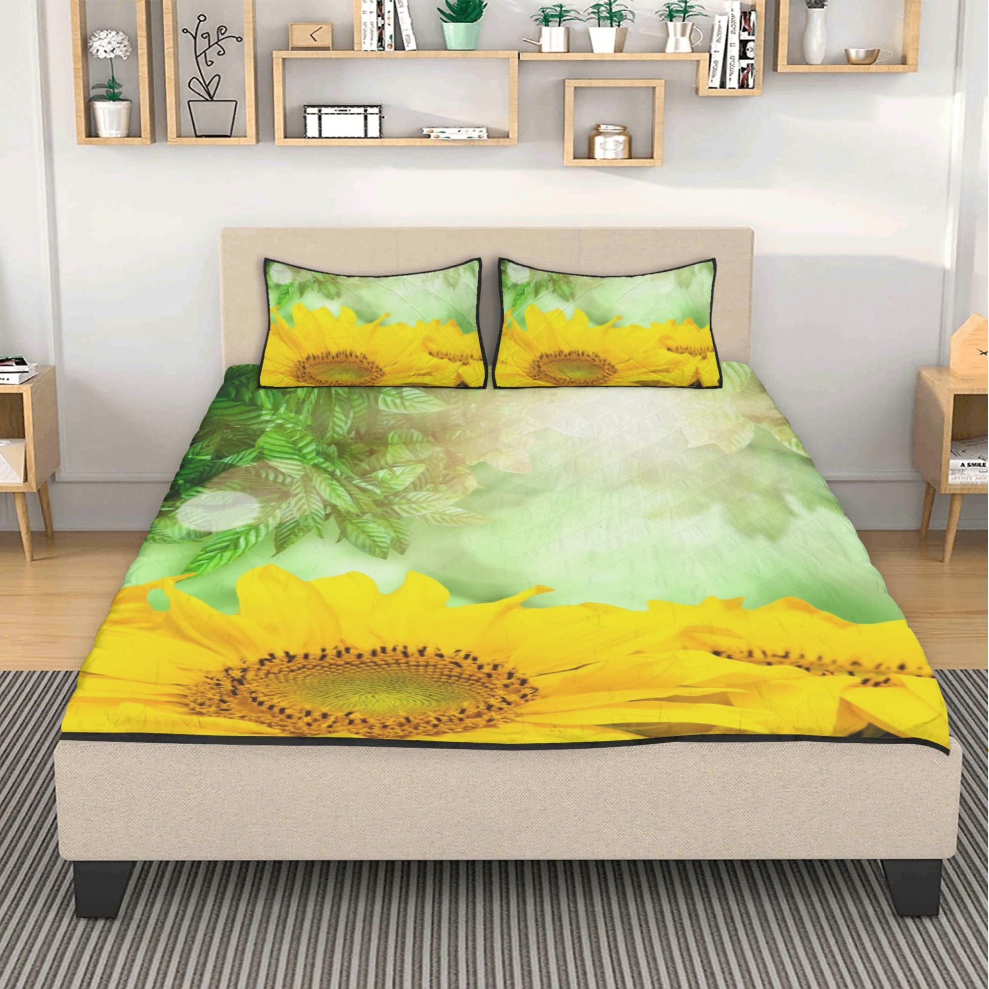 Yellow Sunflower Quilt Bedding Set - 3D Floral Pattern Comforter Cover with Pillow Shams, 3-Piece Twin/Queen/King Size - Perfect for Spring & Summer Bedroom Decor, Farmhouse Style Home