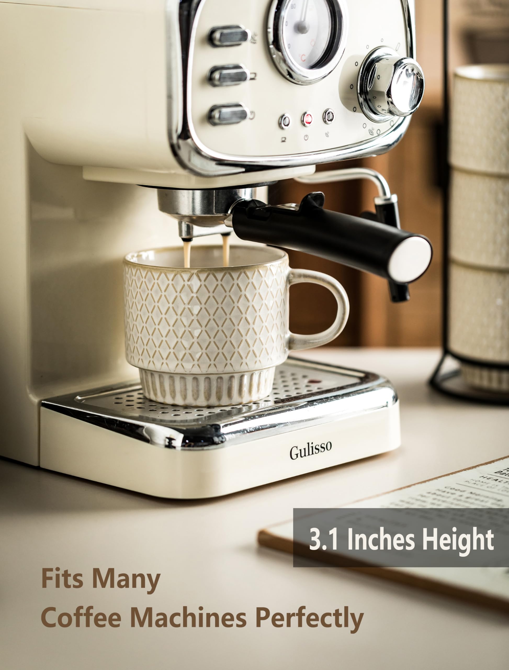 Gomakren 13oz Stackable Ceramic Coffee Mugs Set of 4 with Stand & Spoon - Perfect for Espresso, Latte, Cappuccino, Tea, Hot Chocolate & Milk - Ideal for Home, Office & Cafe Use - Creamy White