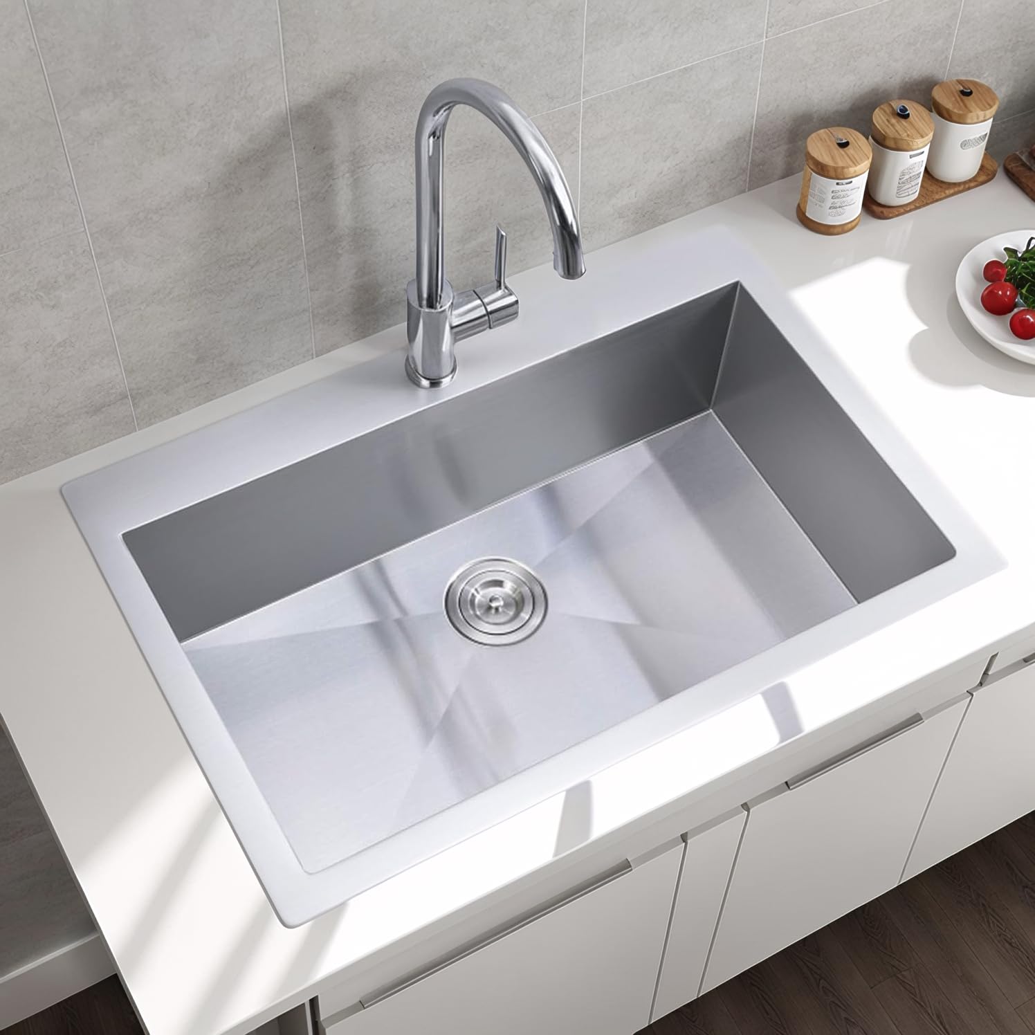 33x22 Inch Drop-in Stainless Steel Kitchen Sink - 16 Gauge Brushed Nickel Single Bowl Topmount Farmhouse Sink with Drain - Perfect for Food Prep, Dishwashing & Laundry Utility Areas