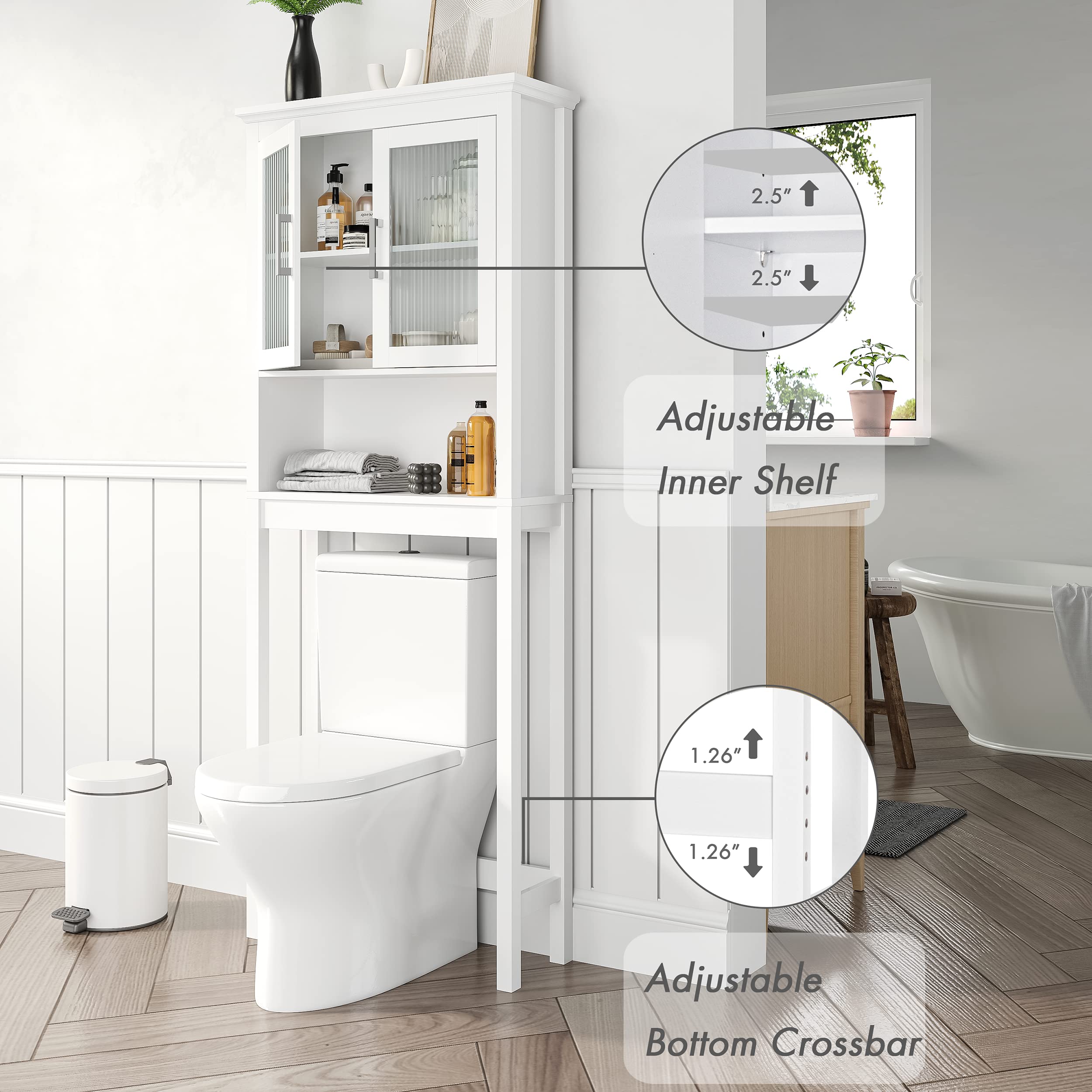 Over The Toilet Storage Cabinet with Tempered Glass Doors - White Bathroom Organizer for Towels, Toiletries & Linens | Space-Saving Bathroom Storage Solution for Small Spaces