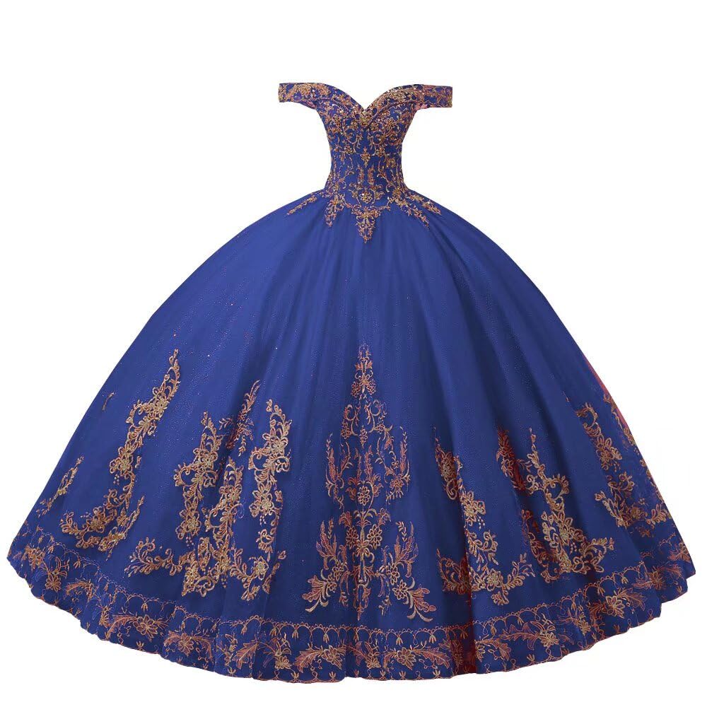 Elegant Gold Embroidered Beaded Tulle Ball Gown - Off Shoulder Quinceanera Dress for Sweet 15 Girls | 2025 Trendy Formal Gown for Quinceañera, Prom, Debutante Ball & Special Occasions