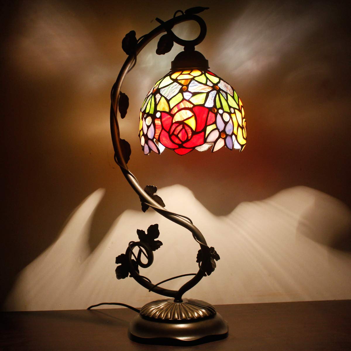 WERFACTORY Tiffany Style Table Lamp - Red Rose Stained Glass Desk Light with Metal Leaf Base, 6x10x21 Inches, Perfect for Reading, Bedroom, Home Office, and Small Space Decor (S001 Series)