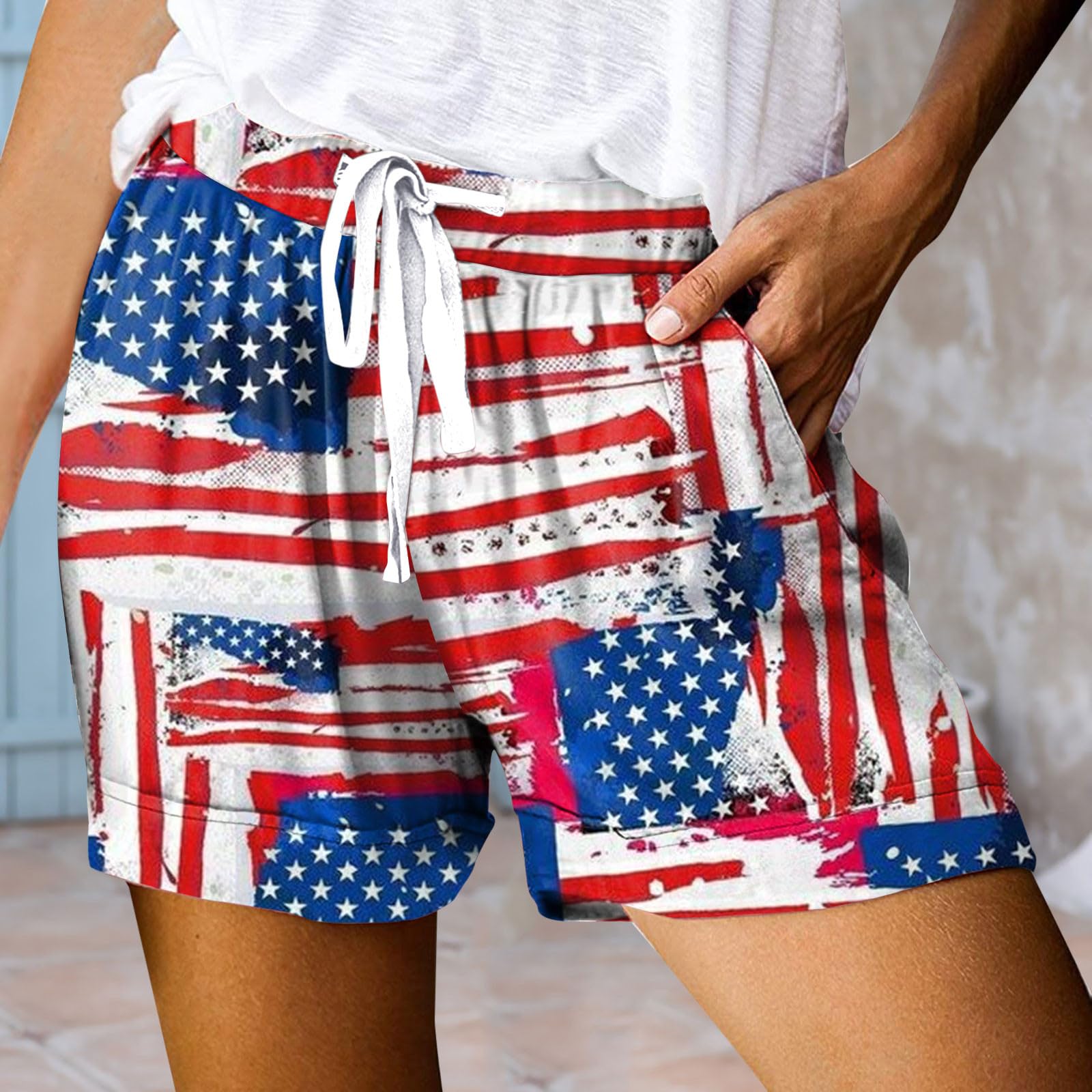 AMDBEL Women's Patriotic Shorts - Plus Size, Lace Up, Lightweight for Independence Day & Casual Wear