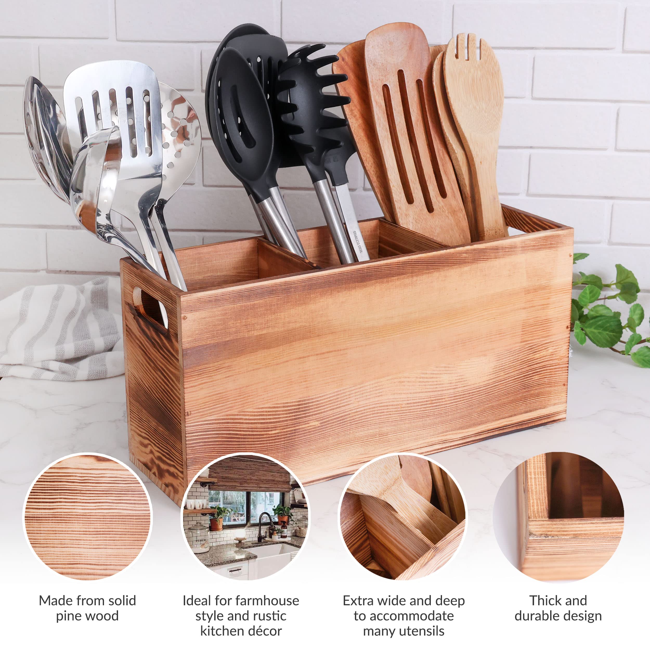 Farmhouse Style Wooden Kitchen Utensil Holder - 3 Compartment Countertop Organizer for Spoons, Spatulas & Cooking Tools - Rustic Kitchen Decor for Counter, Pantry or Dining Table Storage