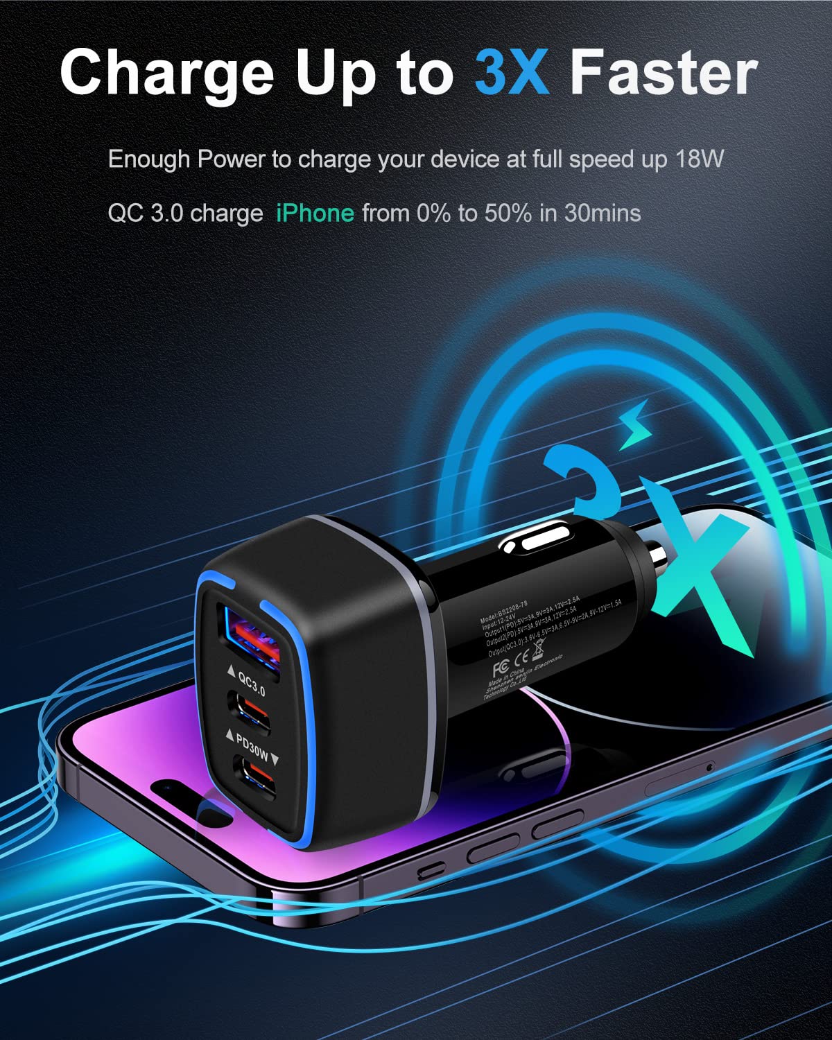 78W USB C Car Charger - Super Fast 3-Port PD Car Charger Adapter for iPhone 15/14/13 Pro Max, Samsung Galaxy S23/S22 Ultra, iPad, Google Pixel - Perfect for Road Trips & Long Commutes