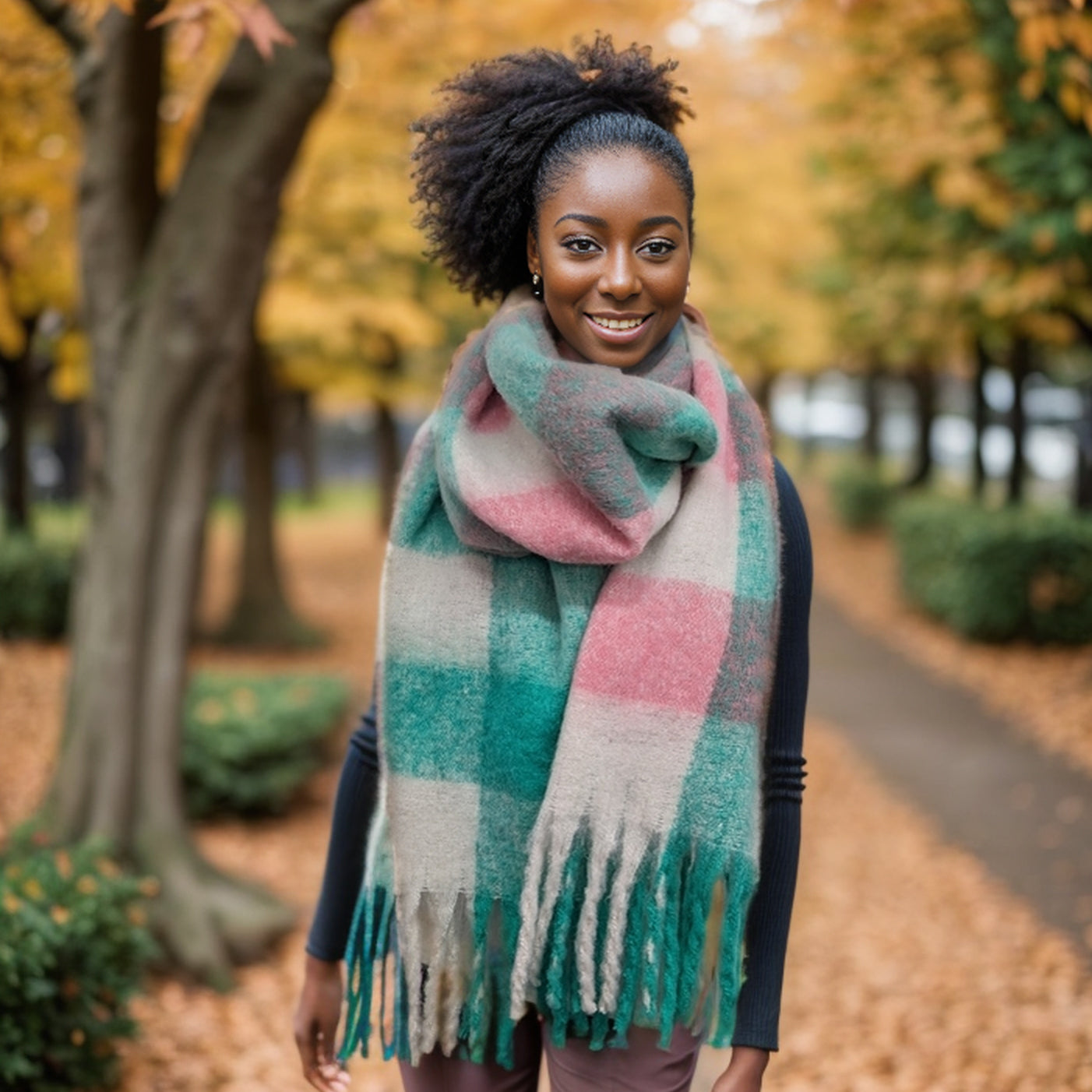 Mikre Extra Thick Neon Tasseled Scarf - 40x195cm Green & White Winter Fashion Accessory for Women - Perfect for Cold Weather, Parties & Outdoor Activities