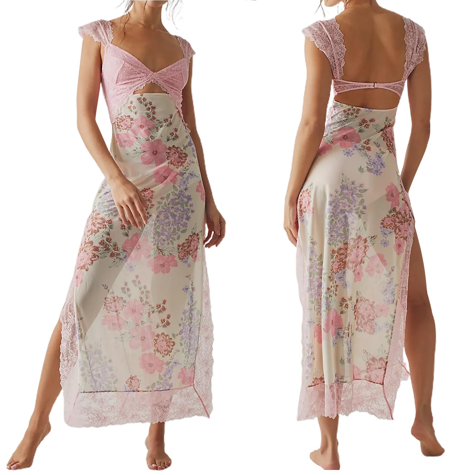 Elegant Women's Floral Lace Patchwork Maxi Dress - Backless Spaghetti Strap Cutout Long Dress with High Split | Perfect for Summer Beach Parties, Date Nights & Vacation Getaways