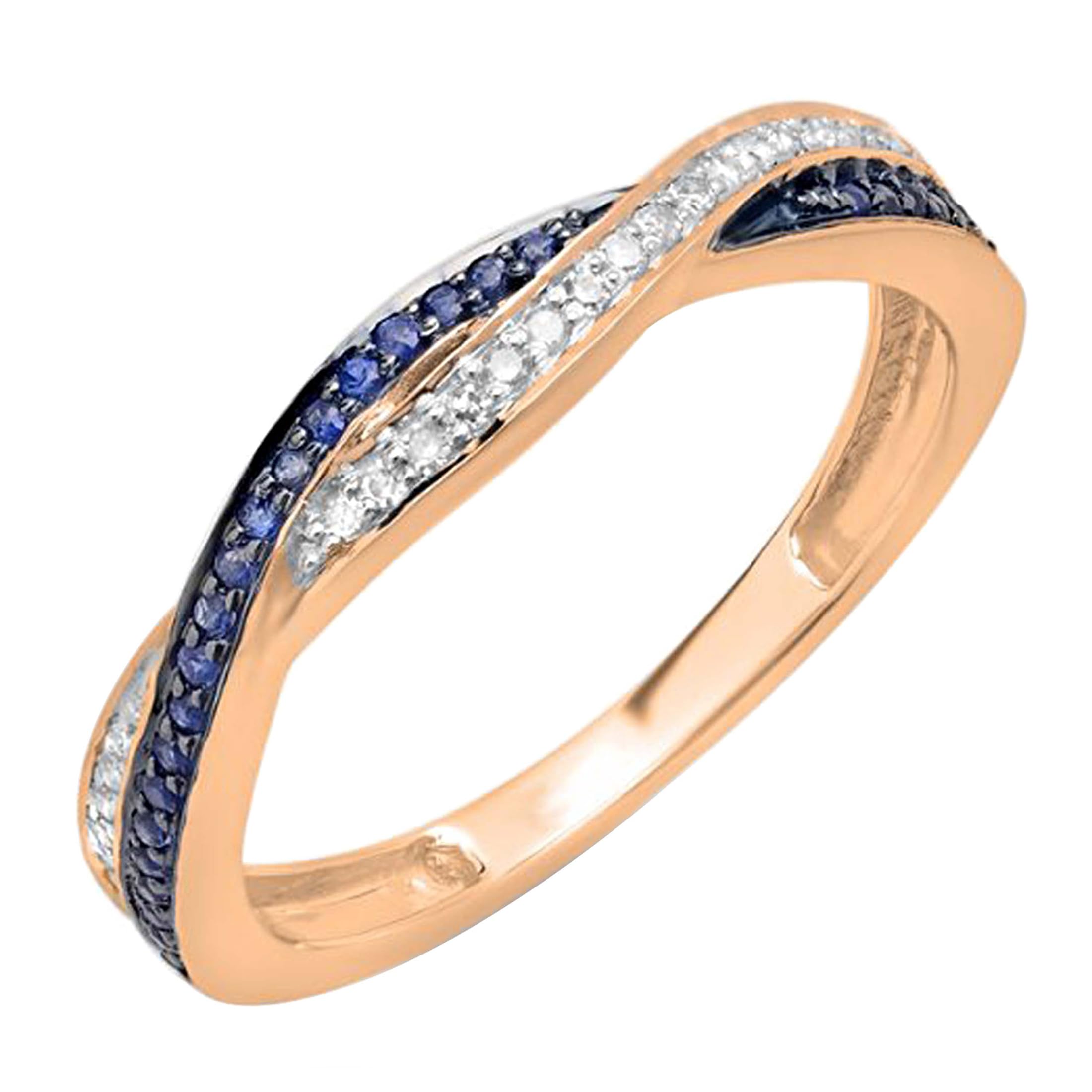 Exquisite 10K Solid Gold Round Blue Sapphire & White Diamond Crisscross Engagement Ring for Women | Dazzlingrock Collection | Perfect for Proposals, Anniversaries & Special Occasions