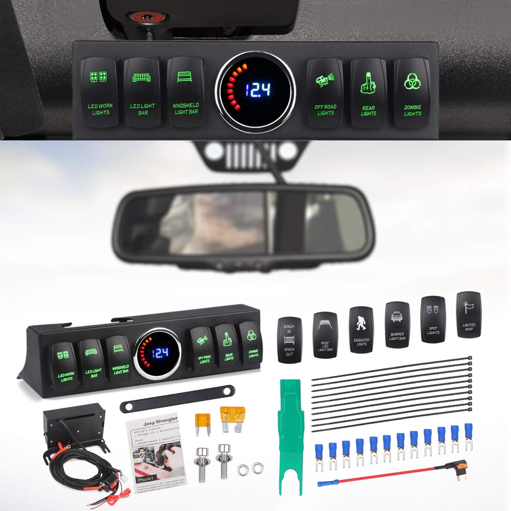 **WATERWICH 6-Switch Pod Toggle Switch Panel for Jeep Wrangler - Overhead & Source Control System with Wiring Harness Kit, 12 Switch Covers & Clip Remover (Green) - Perfect for Off-Roading & Custom Upgrades**