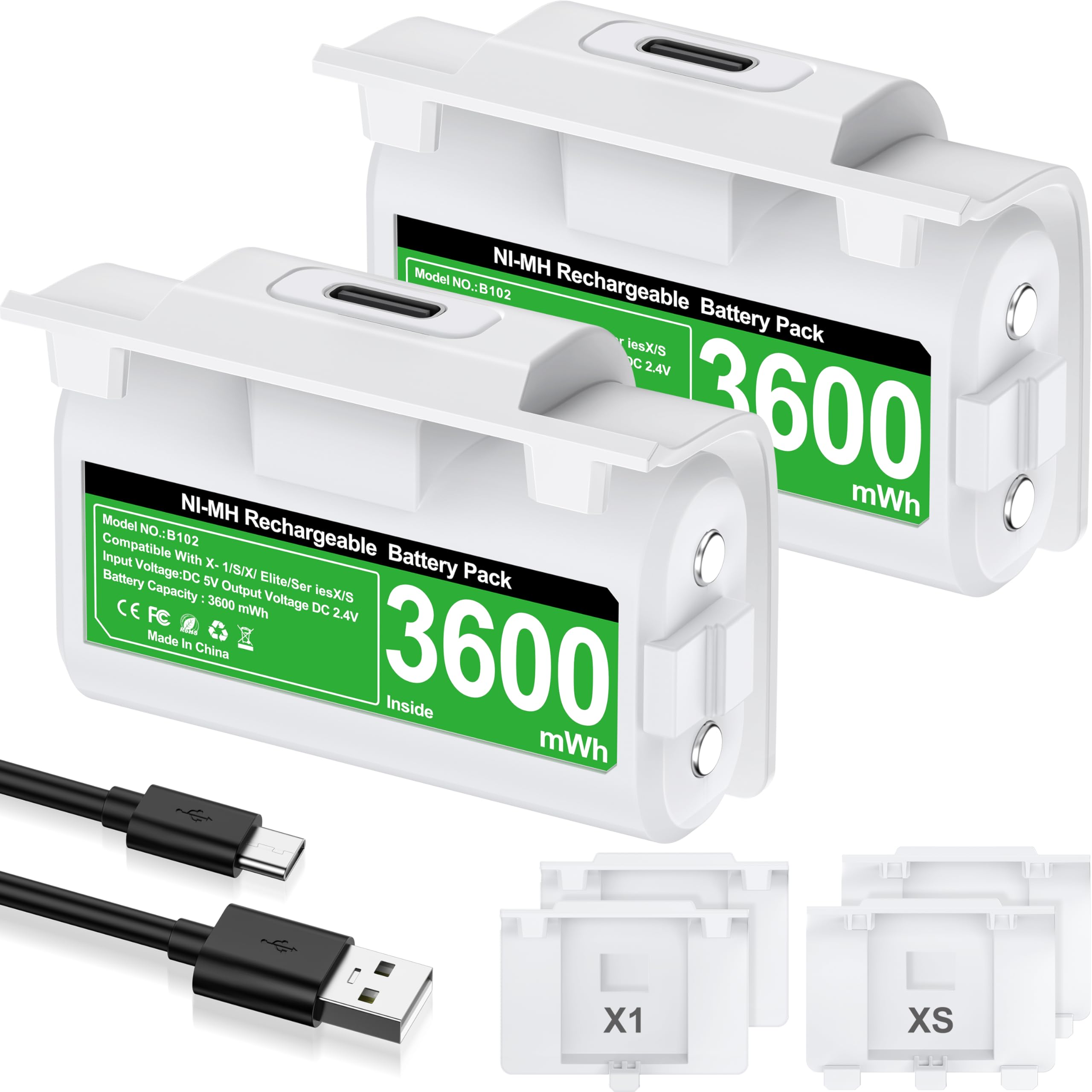 EXTREMECOOL Rechargeable Xbox Controller Battery Pack - Compatible with Xbox Series X|S, Xbox One S|X & Elite Controllers | Includes 2x 3600mWh X-1 Batteries, 4x Battery Covers & Charging Cable (White) | Perfect for Gaming Sessions & Wireless Play