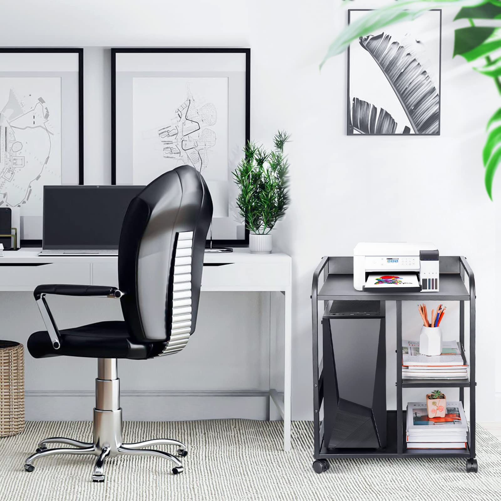 3-Tier Rolling Mobile Printer Stand with Storage & Hanging Bag - Under Desk Computer Tower Organizer for Home Office - Compact Workspace Solution for Printers, Scanners & Office Supplies (Black)