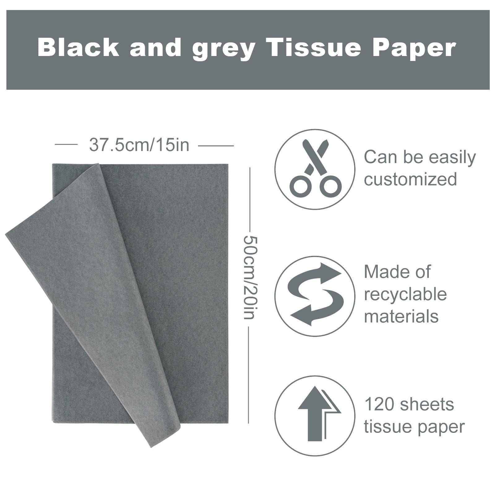 Premium Whaline 120-Sheet Assorted Black & Gray Tissue Paper for Gift Wrapping, DIY Crafts, Paper Flowers - 15