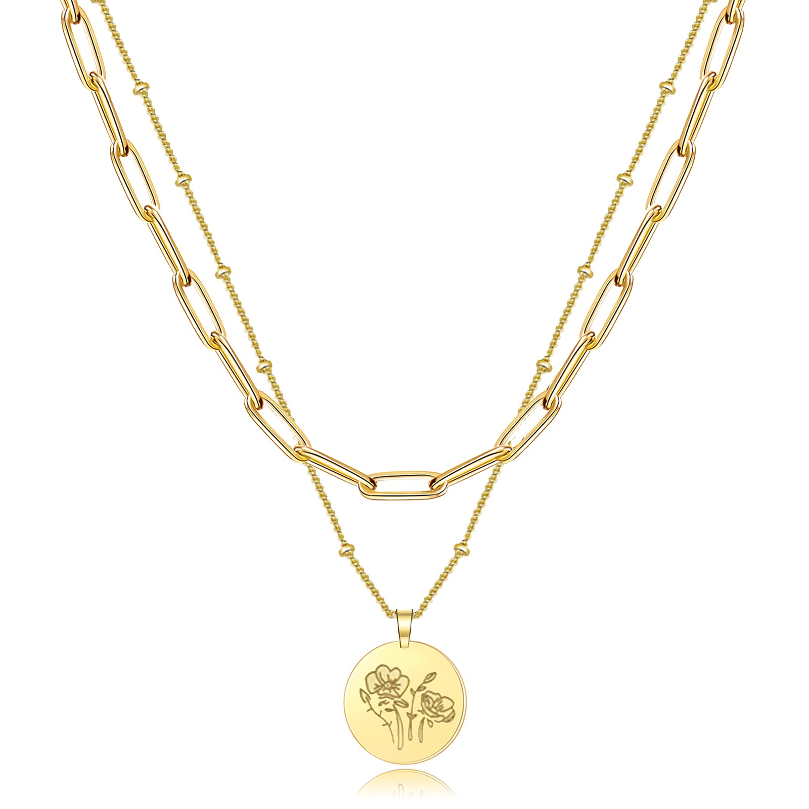 Birth Month Flower Necklace - Gold Layered Paperclip Link Chain Necklace for Women | Daffodil Birthstone Jewelry | Elegant Birthday Gift for Her | Perfect for Anniversaries, Valentine's Day & Special Occasions