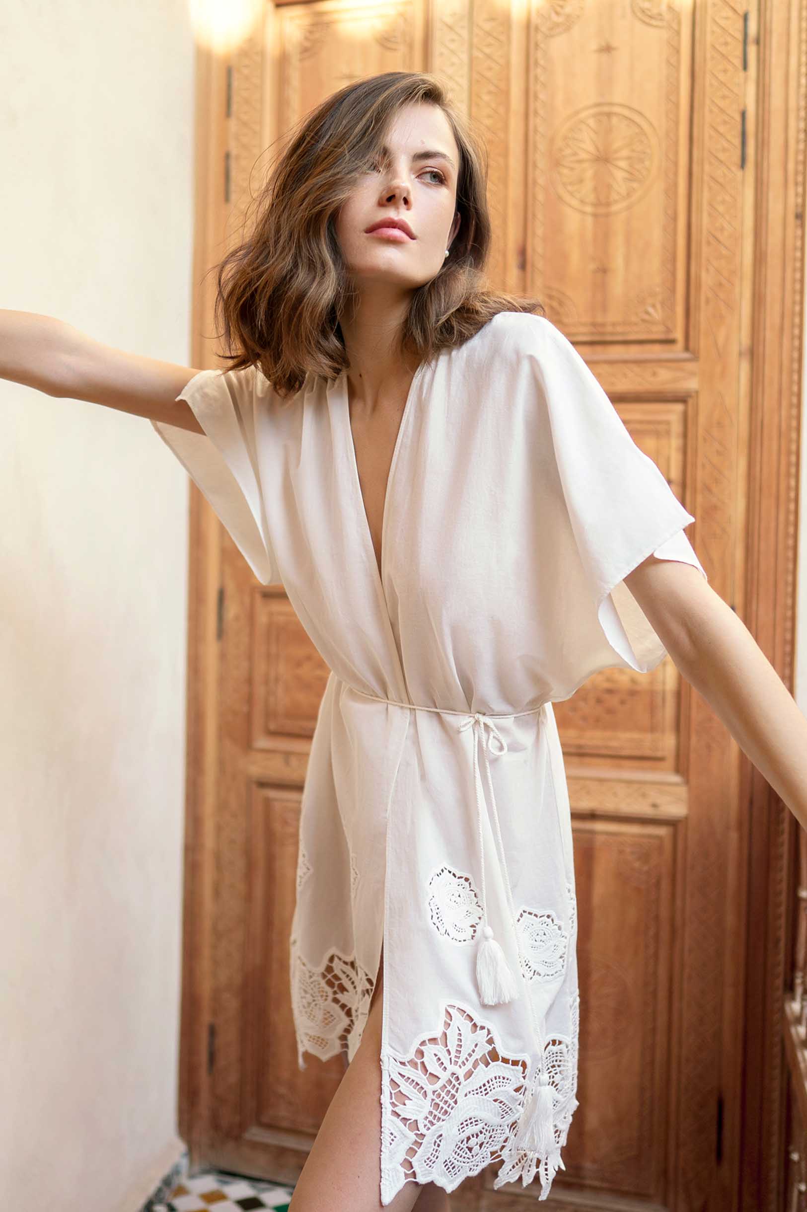 Venice Dolman Embroidered Crochet Robe - Ivory Lace Kimono Cover Up for Women | Perfect for Beach, Bridal Party, Spa & Lounging at Home