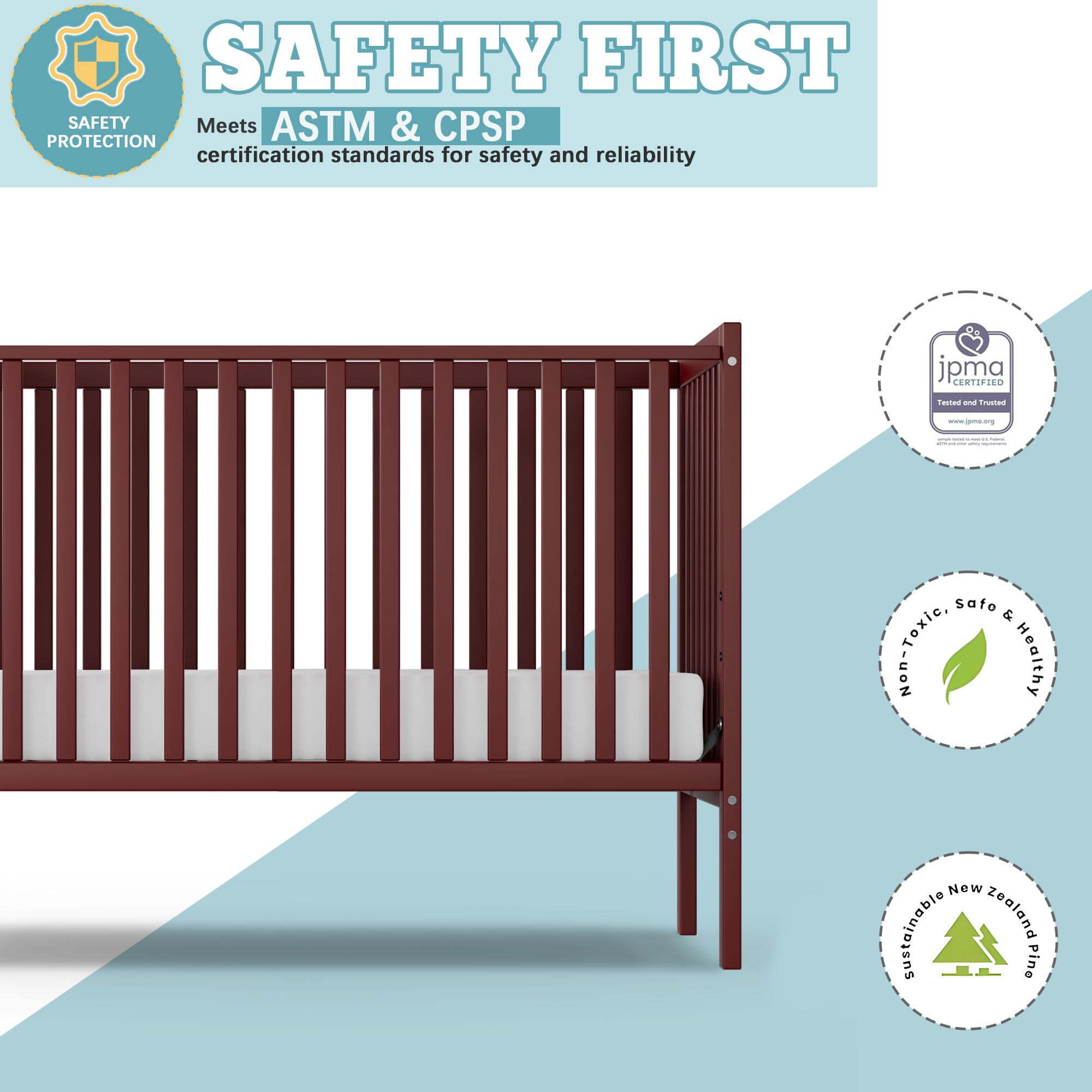 5-in-1 Convertible Baby Crib to Toddler Bed - Sustainable Natural Pinewood, Non-Toxic Finish, Full Size Nursery Furniture (Cherry) - Perfect for Small Spaces & Growing Families