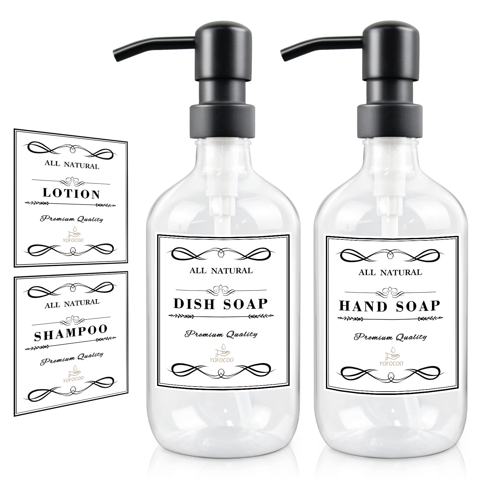 2 Pack Matte Black Stainless Steel Soap Dispenser Set - 16oz Clear Plastic Boston Round Bottles with Rustproof Pump for Dish Soap, Hand Soap, Lotion, Shampoo & Essential Oils | Perfect for Kitchen, Bathroom, Salon & Home Decor