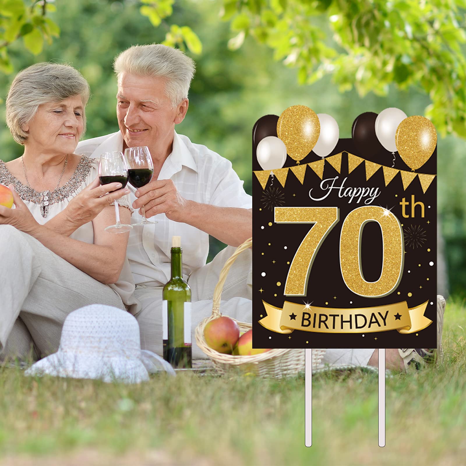 Large Happy 70th Birthday Party Yard Sign - Black & Gold Outdoor Lawn Decor with Stakes | Perfect for Milestone Celebrations, Backyard Parties & Anniversary Decorations