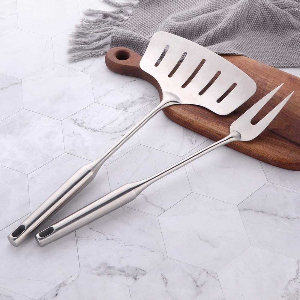 Premium Stainless Steel Fish Spatula & Serving Fork Set - 2-Piece BBQ Cooking Utensils with Long Heat-Resistant Handles - Perfect for Grilling, Flipping Fish, Serving Meats & Outdoor Cooking