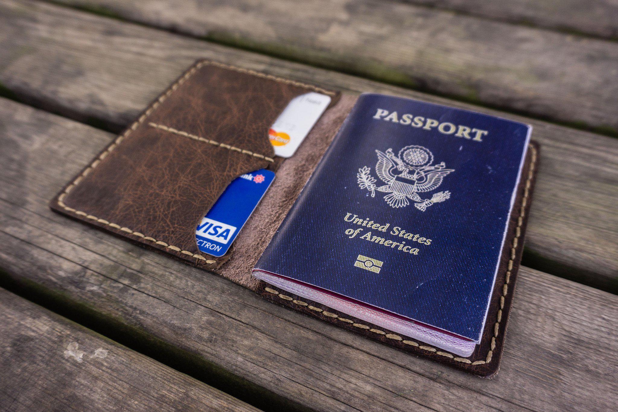 Hand Stitched Genuine Leather Passport Holder - Rustic Dark Brown Travel Wallet for Men & Women | Perfect for International Trips, Business Travel & Document Protection