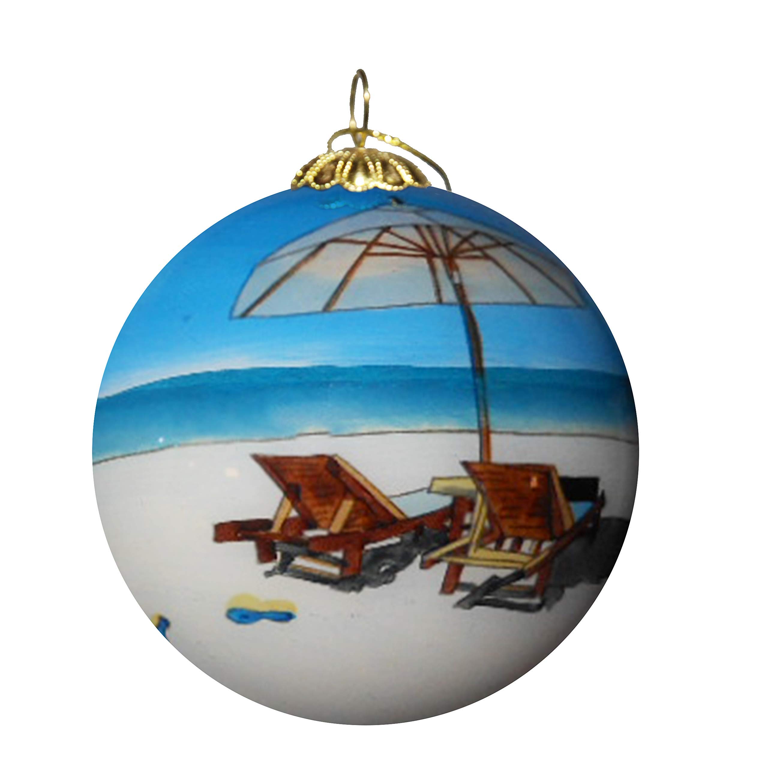 Hand-Painted Blown Glass Christmas Ornament - Beach Chairs & Lifeguard Stand Sanibel Design | Original Holiday Artwork with Gift Box | Perfect for Beach-Themed Christmas Trees & Coastal Home Decor