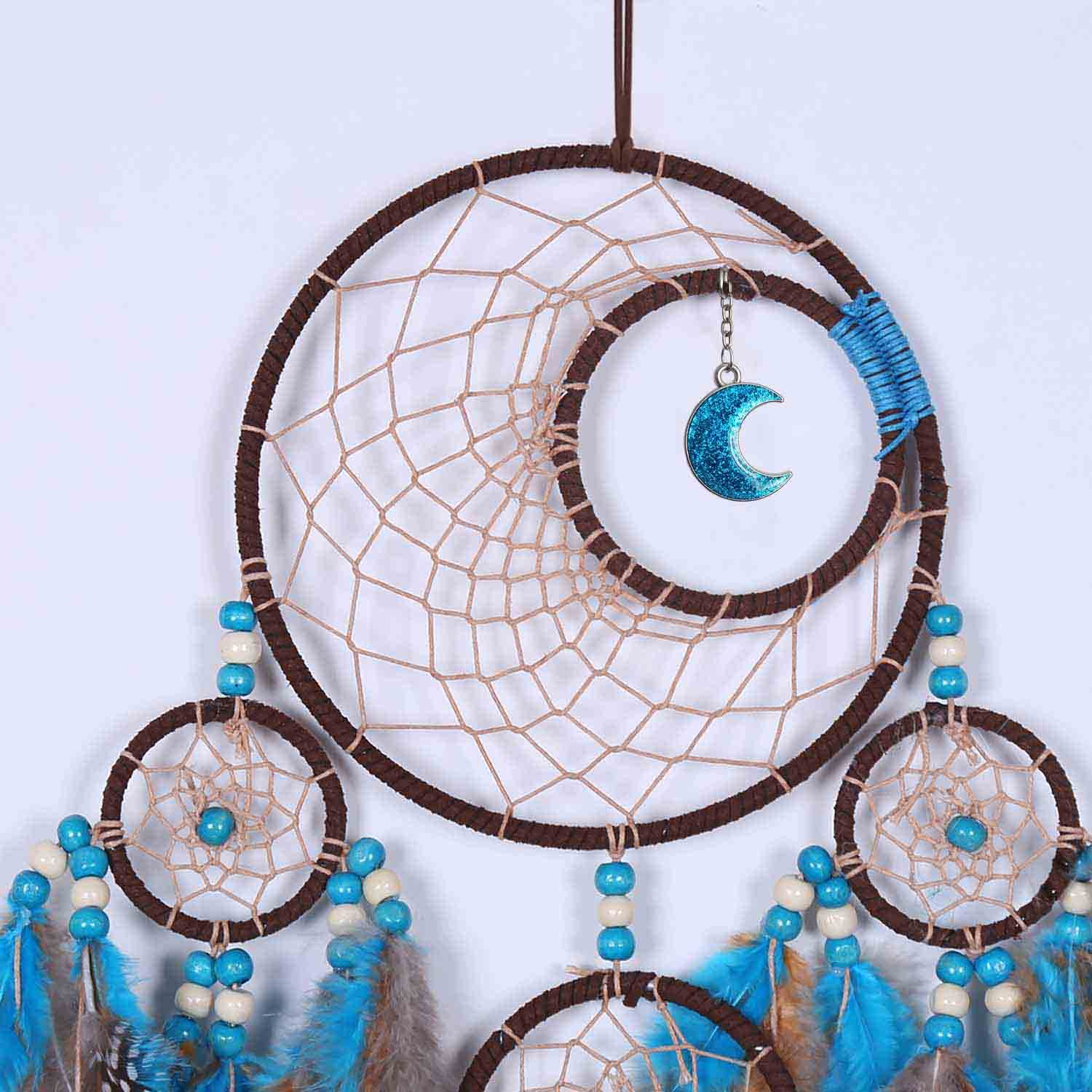 Blue Moon Dream Catchers - Handmade Native American Wall Hanging for Girls, Adults & Kids Bedroom Decor | Large Boho Dreamcatcher with Beads & Feathers | Perfect Spiritual Gift for Birthdays, Baby Showers & Home Decoration