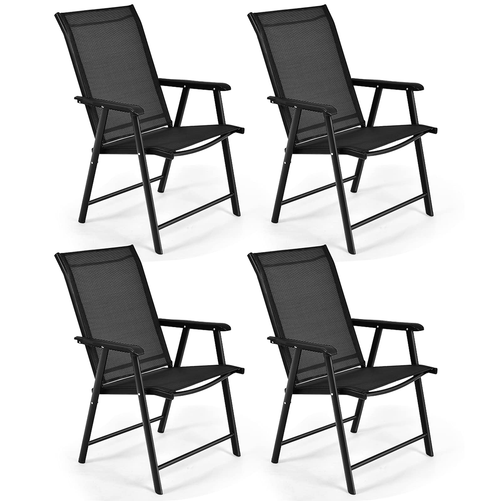 SAFSTAR 4-Pack Black Foldable Outdoor Sling Chairs with Armrests - Patio, Lawn, Garden, Backyard, Poolside & Porch Seating - Heavy Duty Folding Chairs for Camping, Picnics, Beach & BBQs