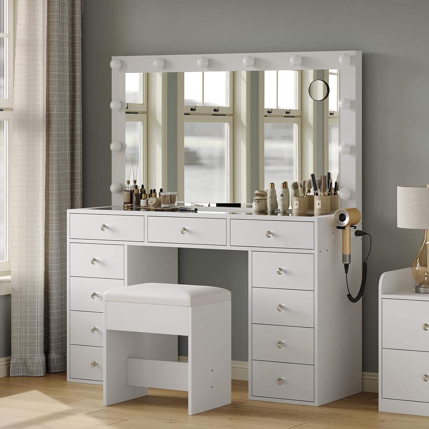 White Vanity Desk with Illuminated Mirror & Power Outlet - 11 Drawers Makeup Dressing Table with Chair, 12 LED Lights & Tempered Glass Top - Perfect for Bedroom, Dressing Room & Home Salon Setup