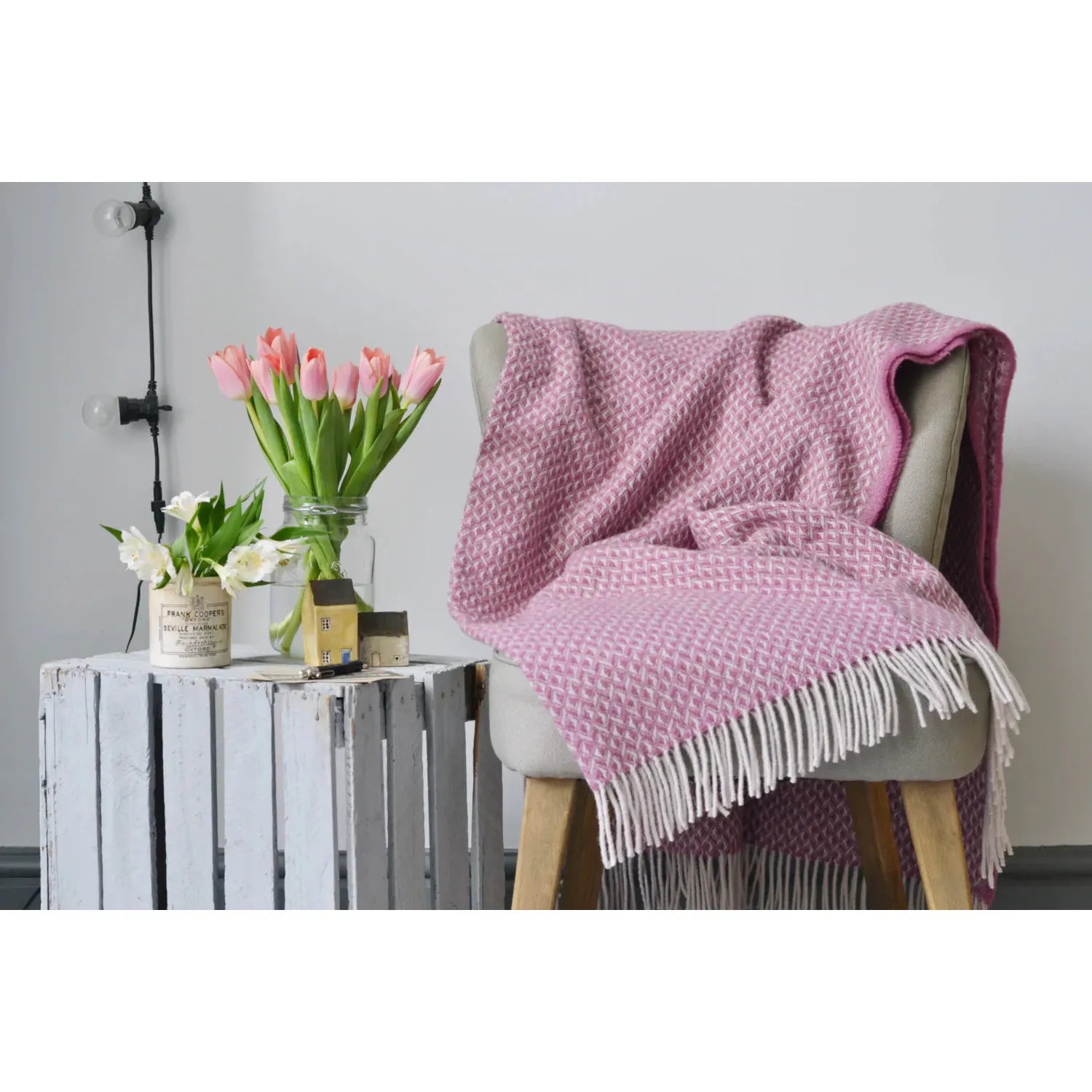 Mulberry Red 100% Pure New Wool Diamond Throw Blanket - 72