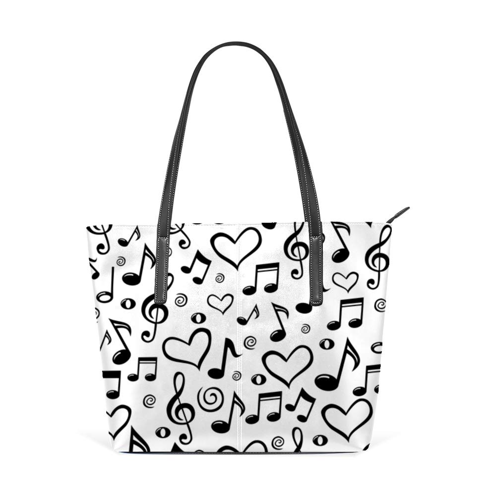 Stylish Women's Leather Shoulder Tote Bag - Large Black Work Bag with Musical Note Design - Perfect for Office, Travel & Casual Everyday Use